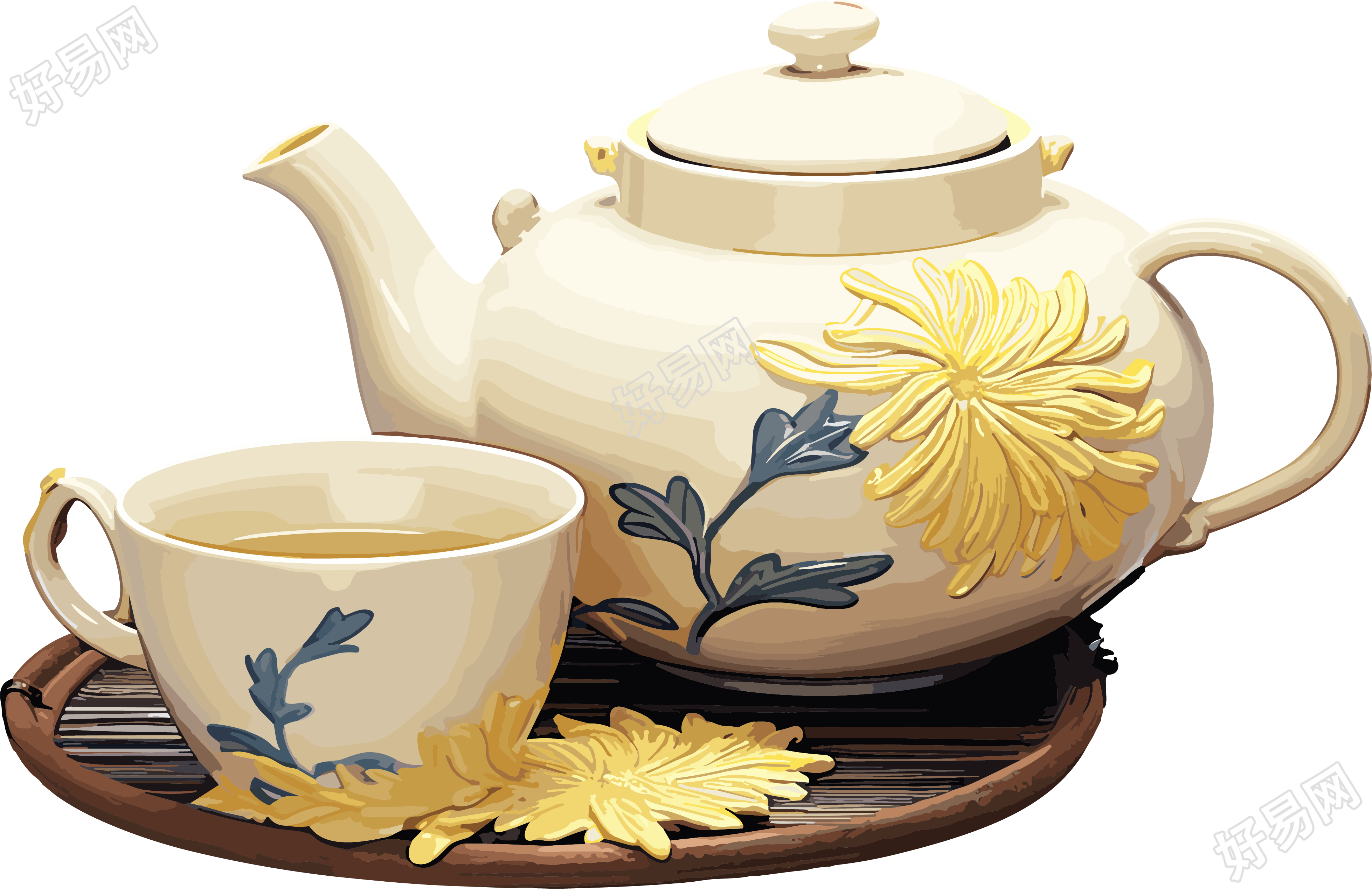 黄花茶壶艺术感插画素材