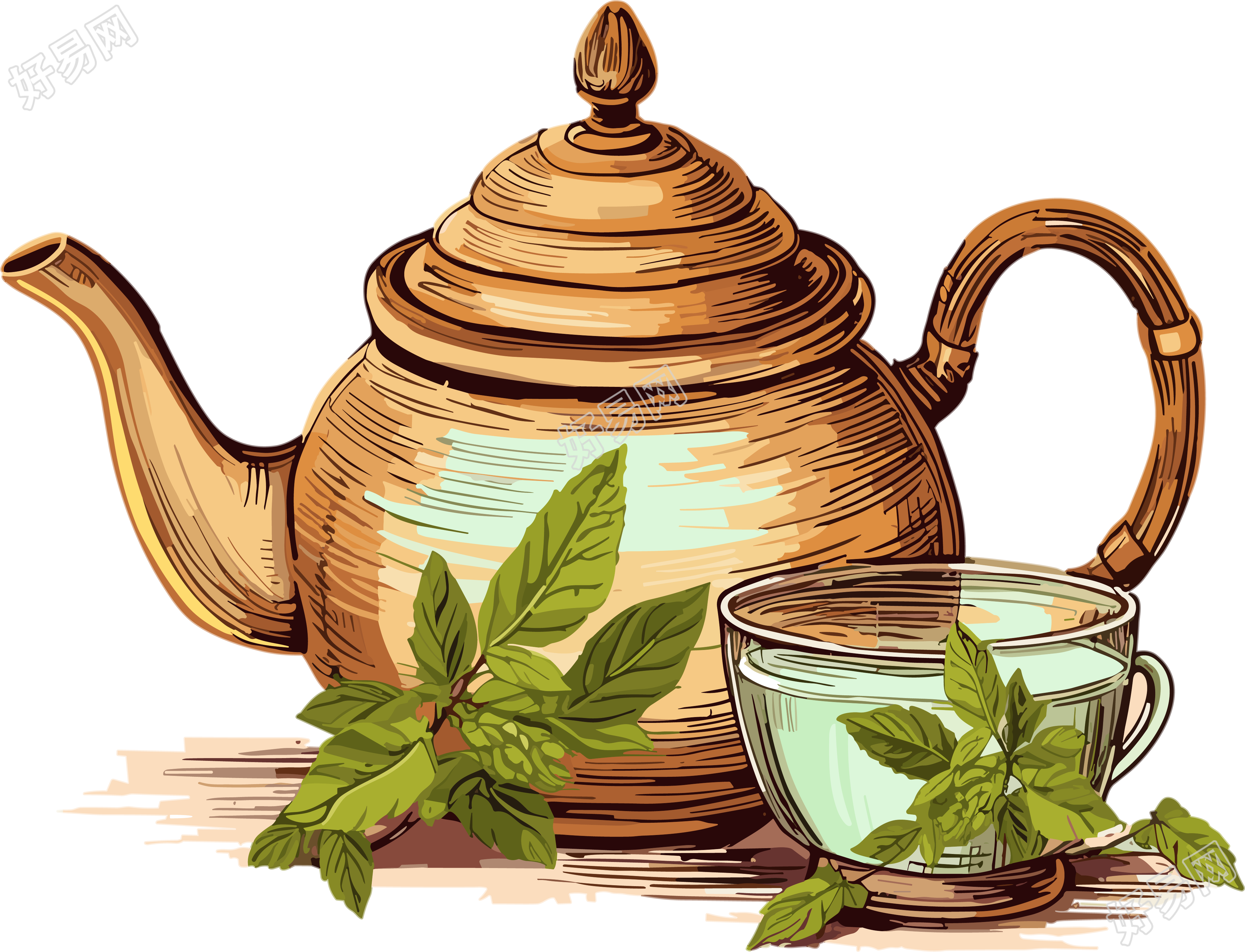 带薄荷叶和茶壶的木质茶壶金色时代插画