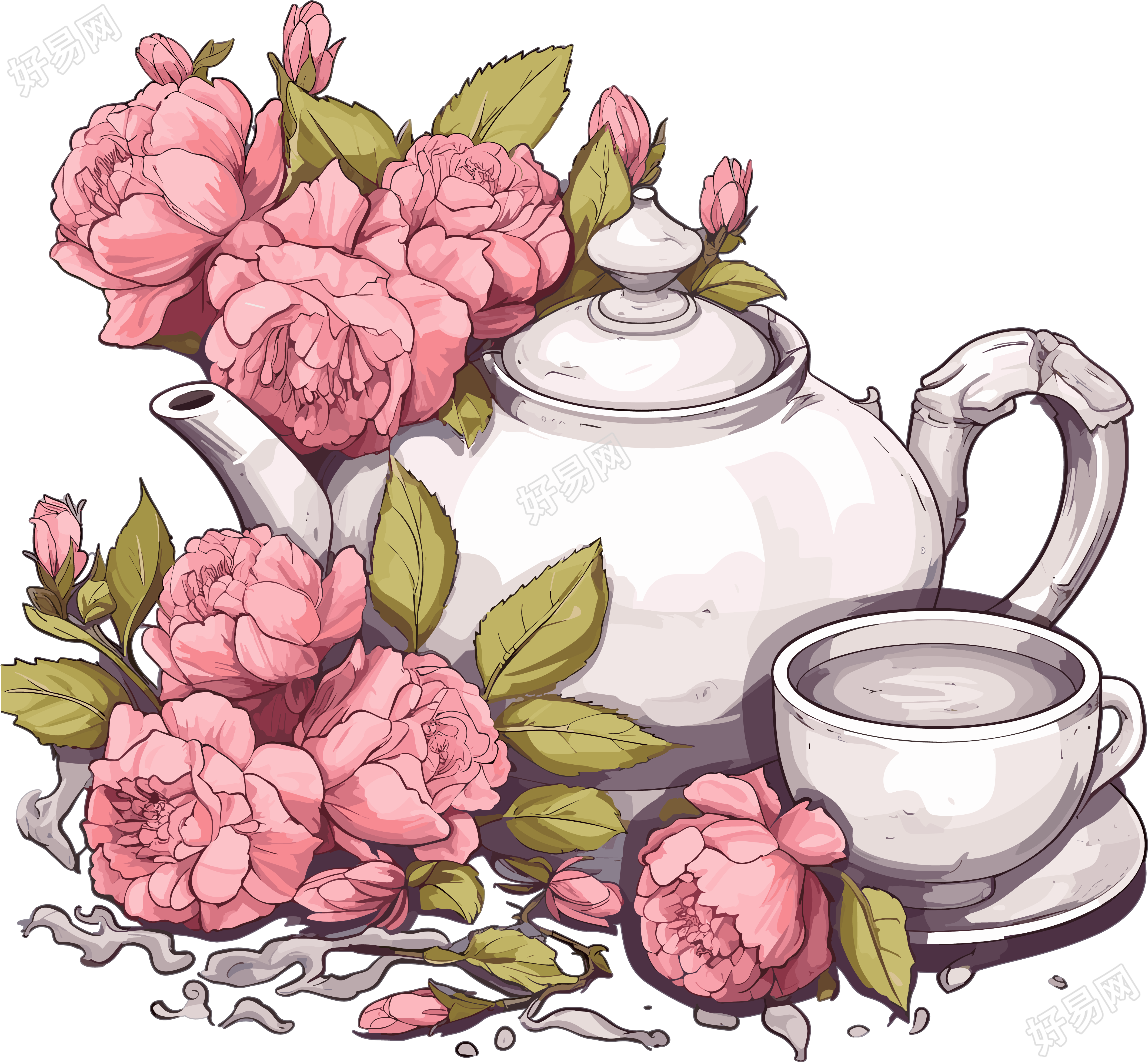 粉灰色风格的茶壶和几个杯子叶子和花朵插画
