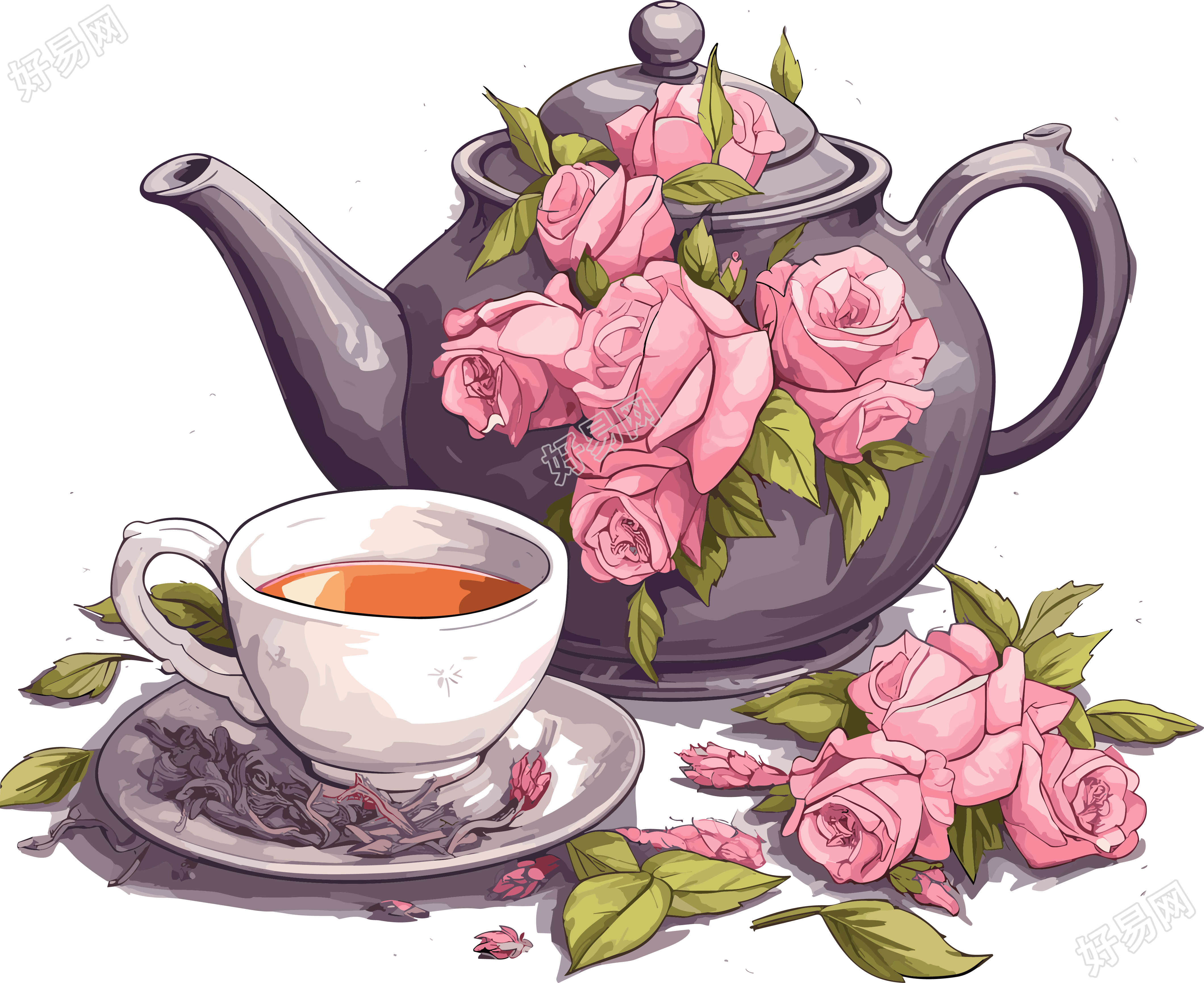 粉灰色茶具和花的插画设计