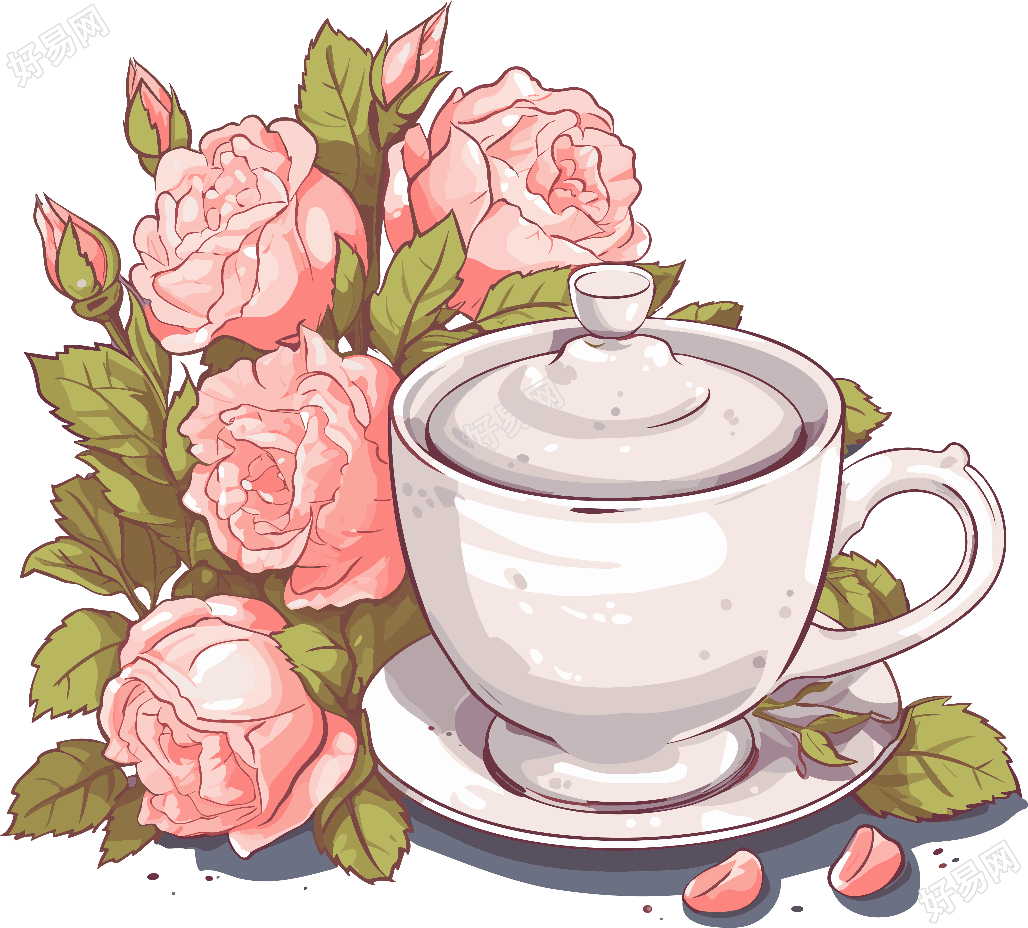 带有茶壶杯子叶子和花朵插画