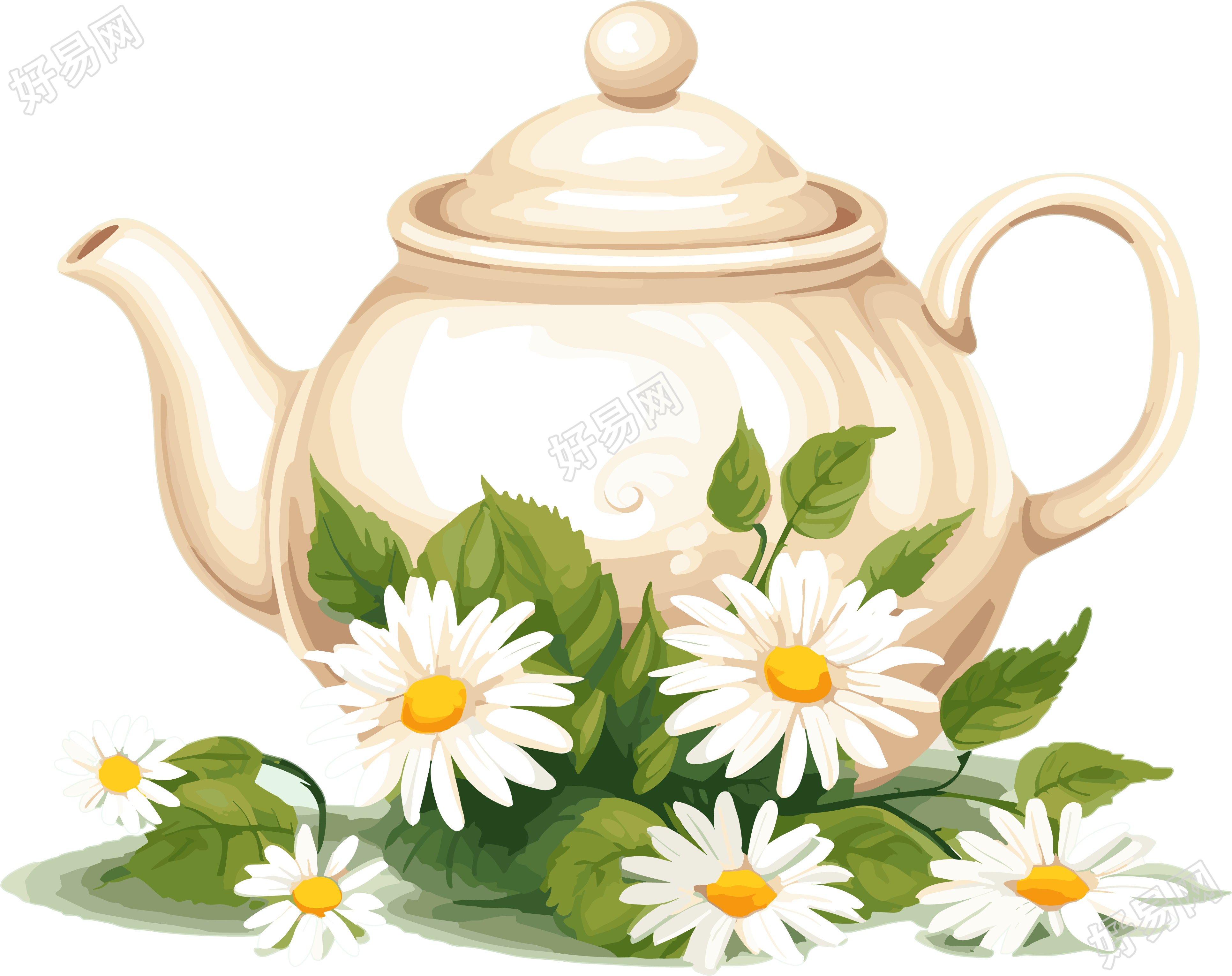 白色带雏菊花的茶壶插画元素
