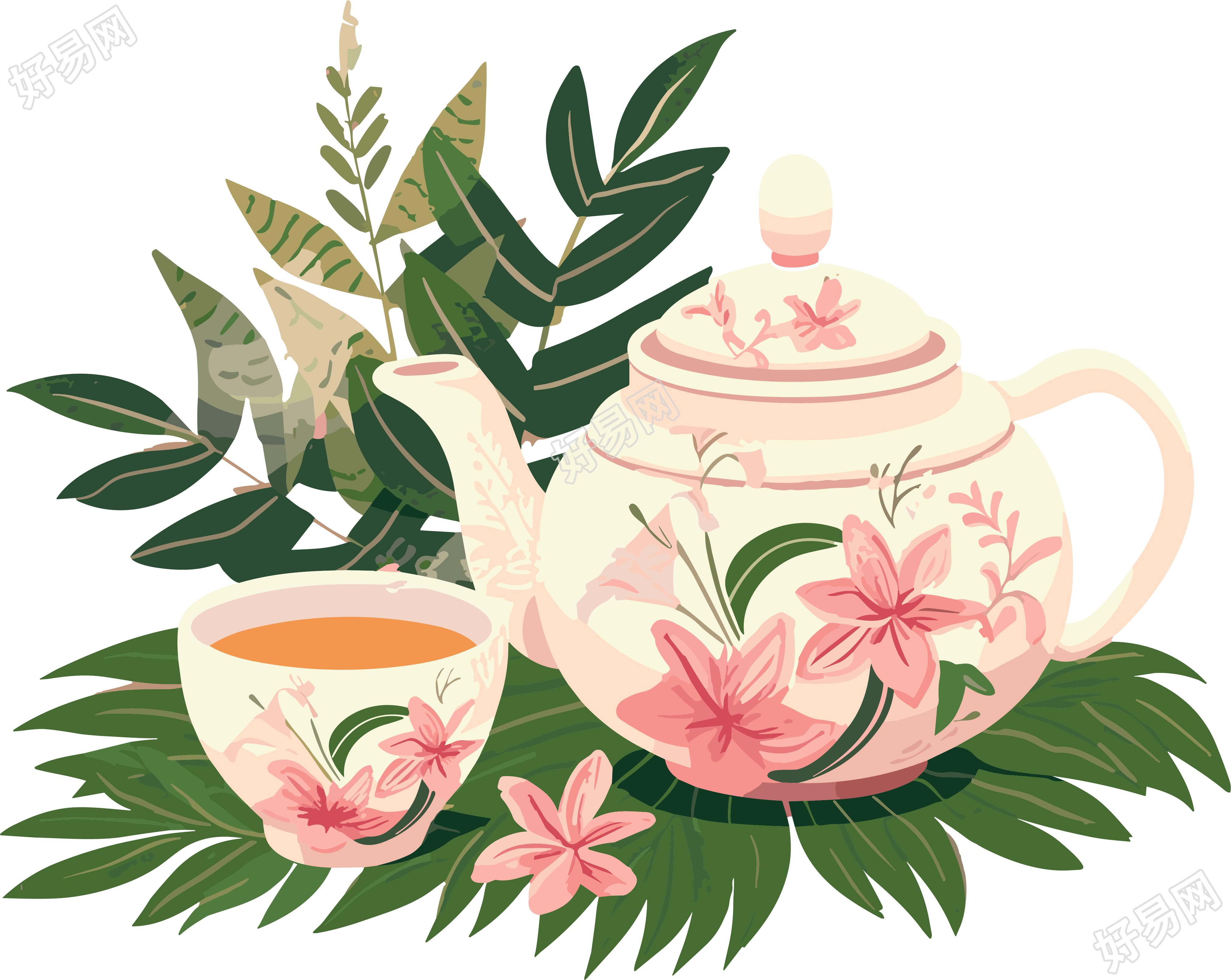 白色带雏菊花的茶壶插画