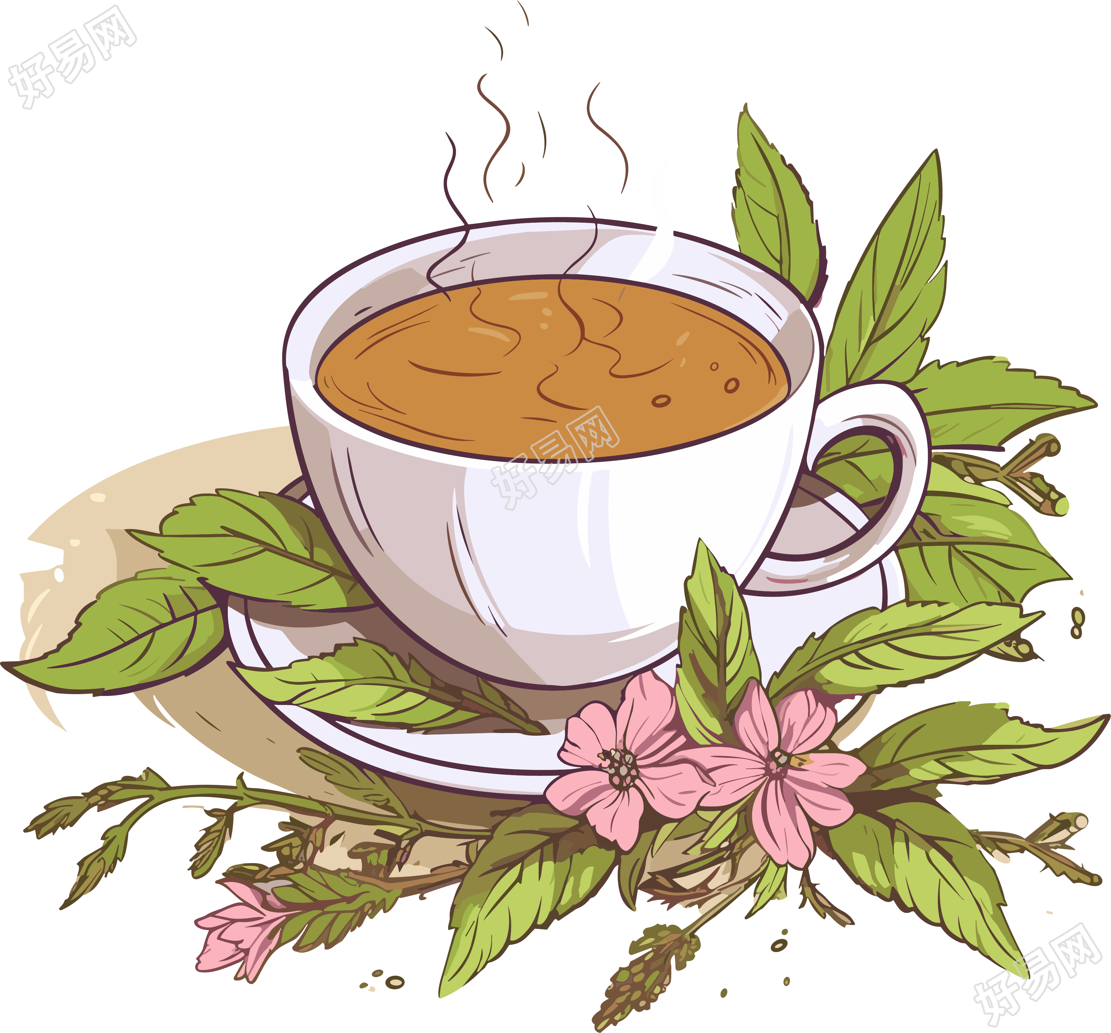 灰色背景上的叶子和花朵草本茶矢量插图