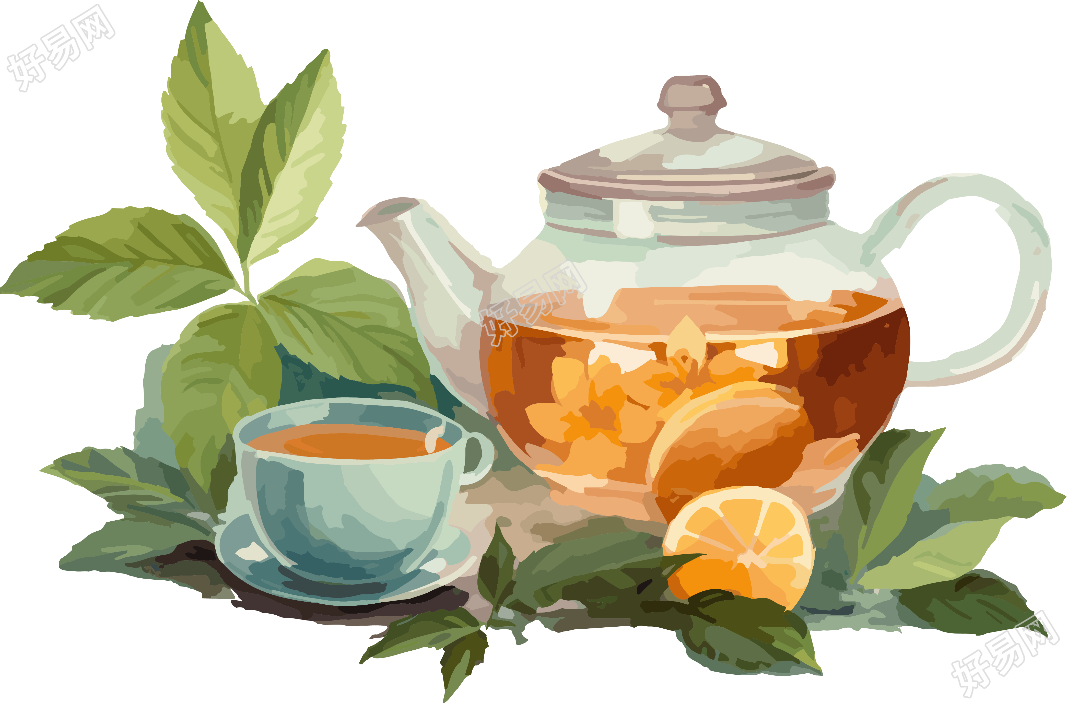 茶叶上的一壶茶和勺子动画插画