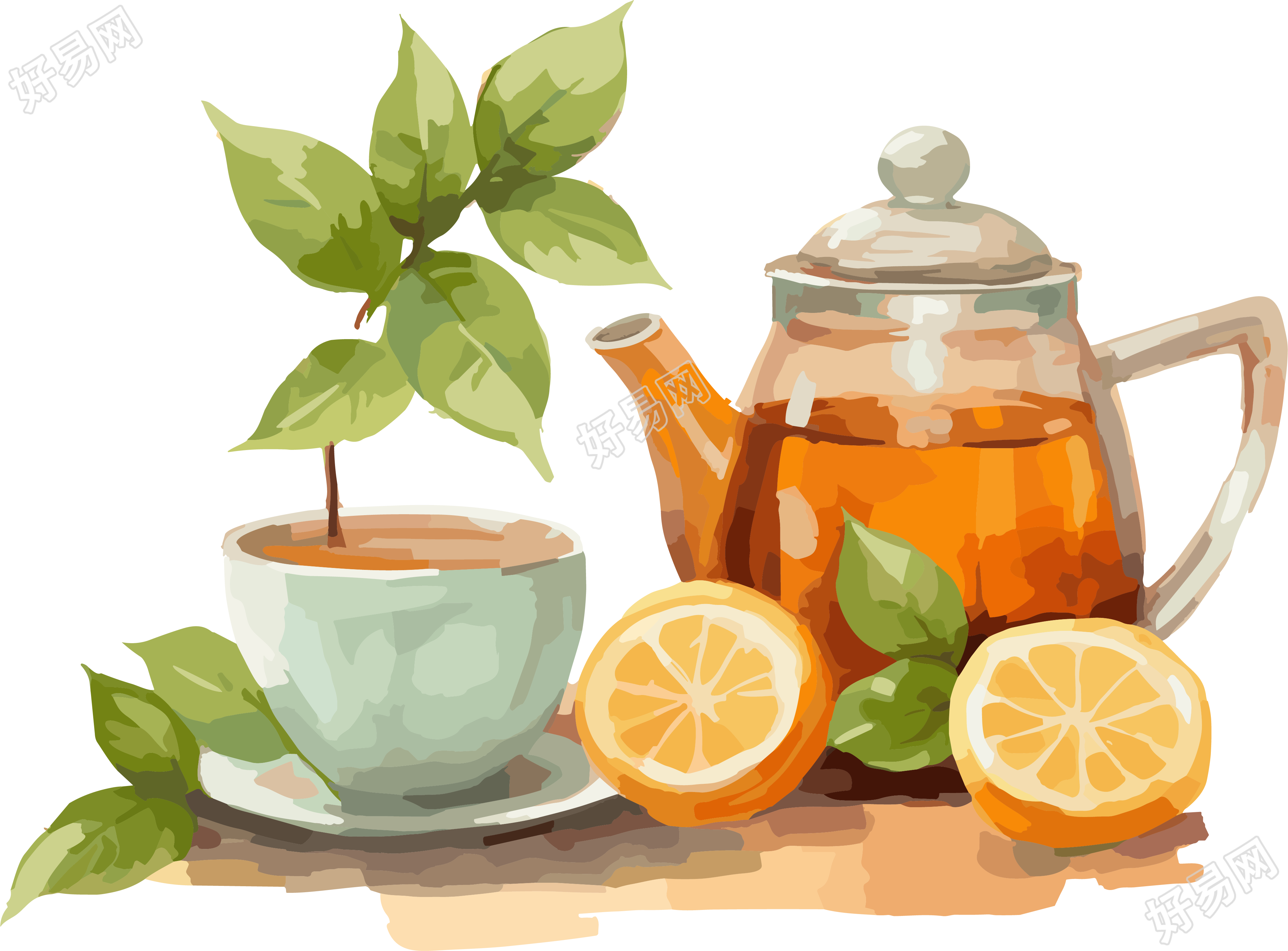 动态插画设计:茶叶上的茶壶与勺子素材