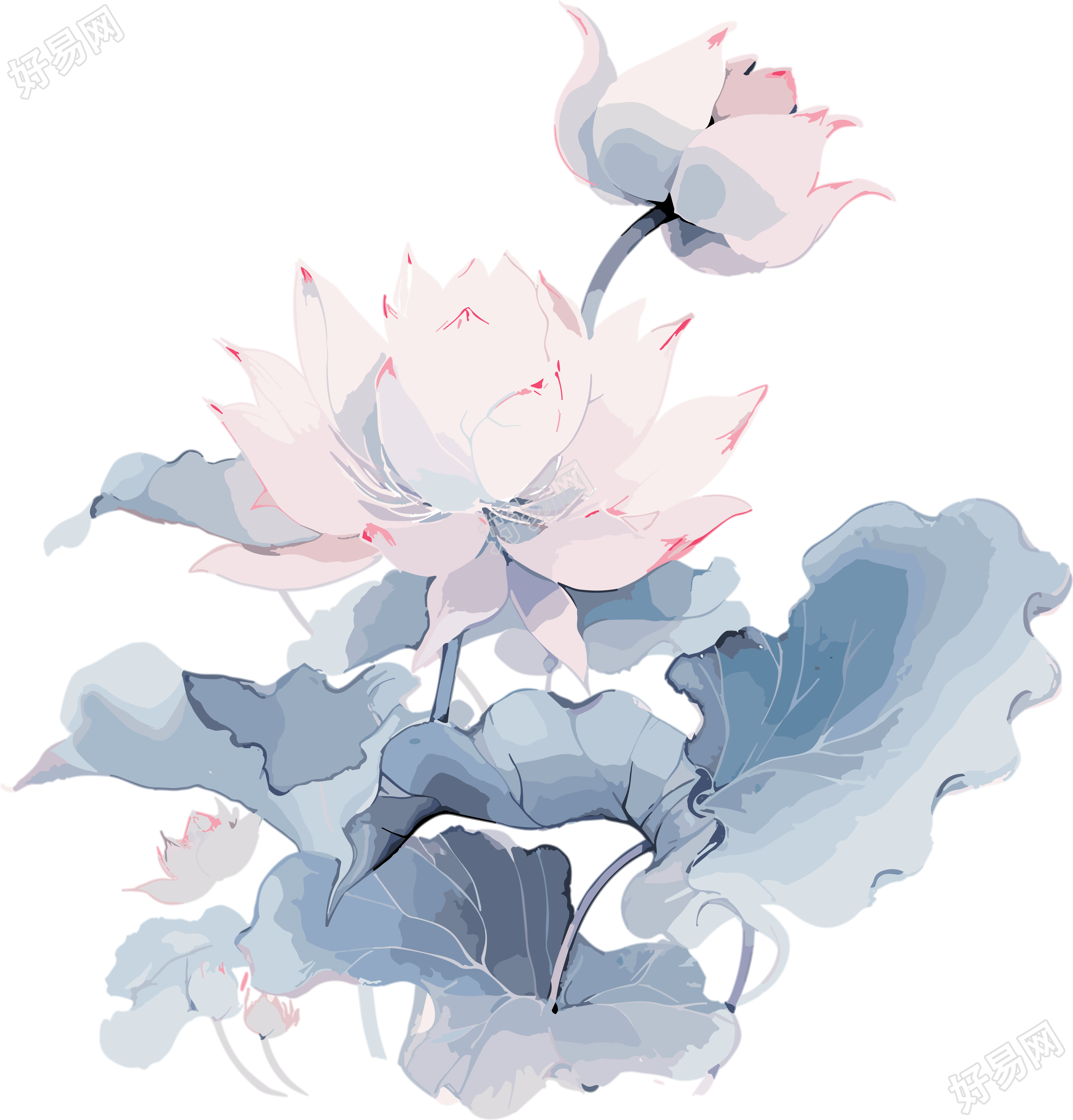 水墨粉蓝色莲花元素