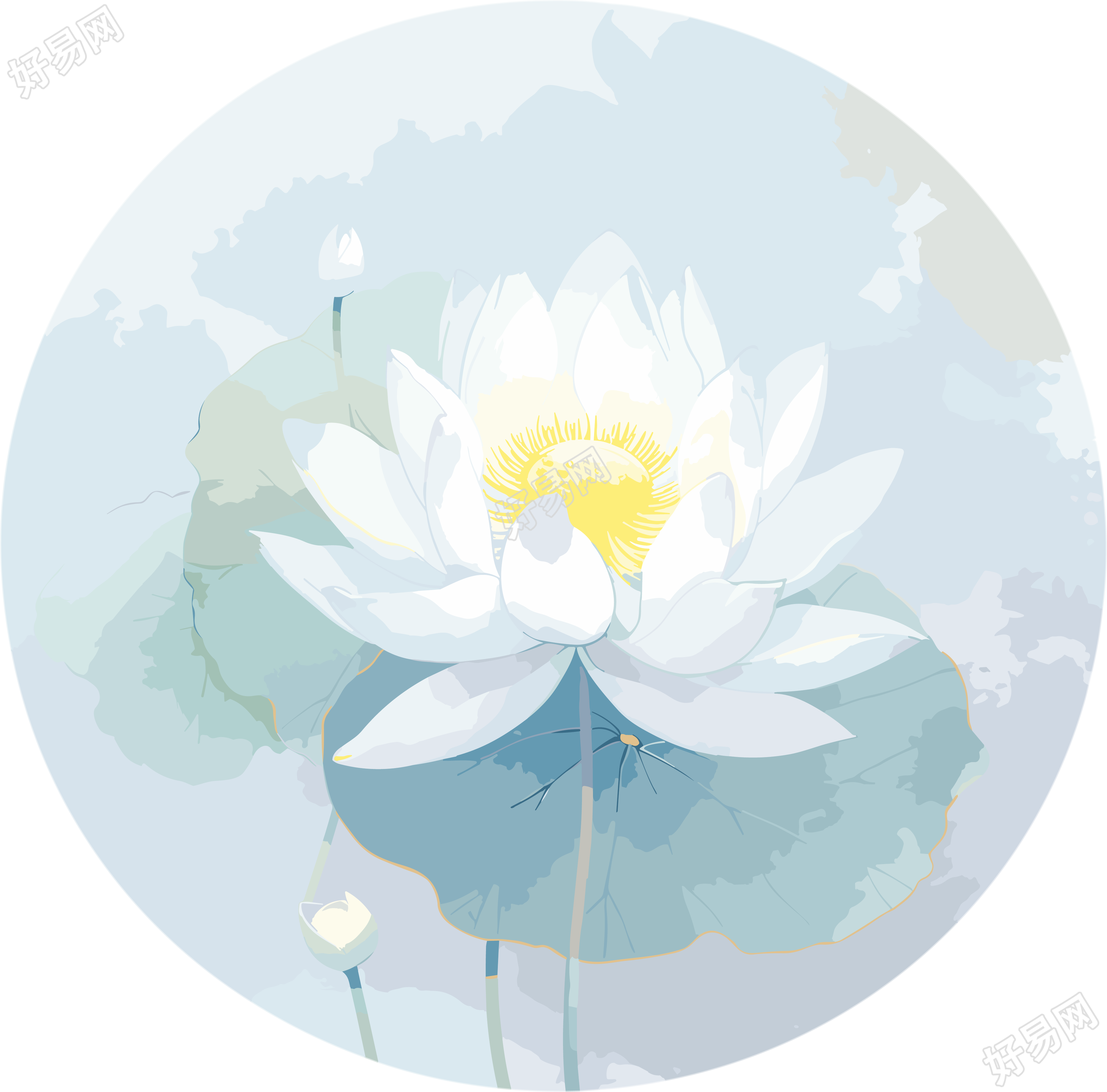 蓝色和柔和白色水彩荷花圆环素材