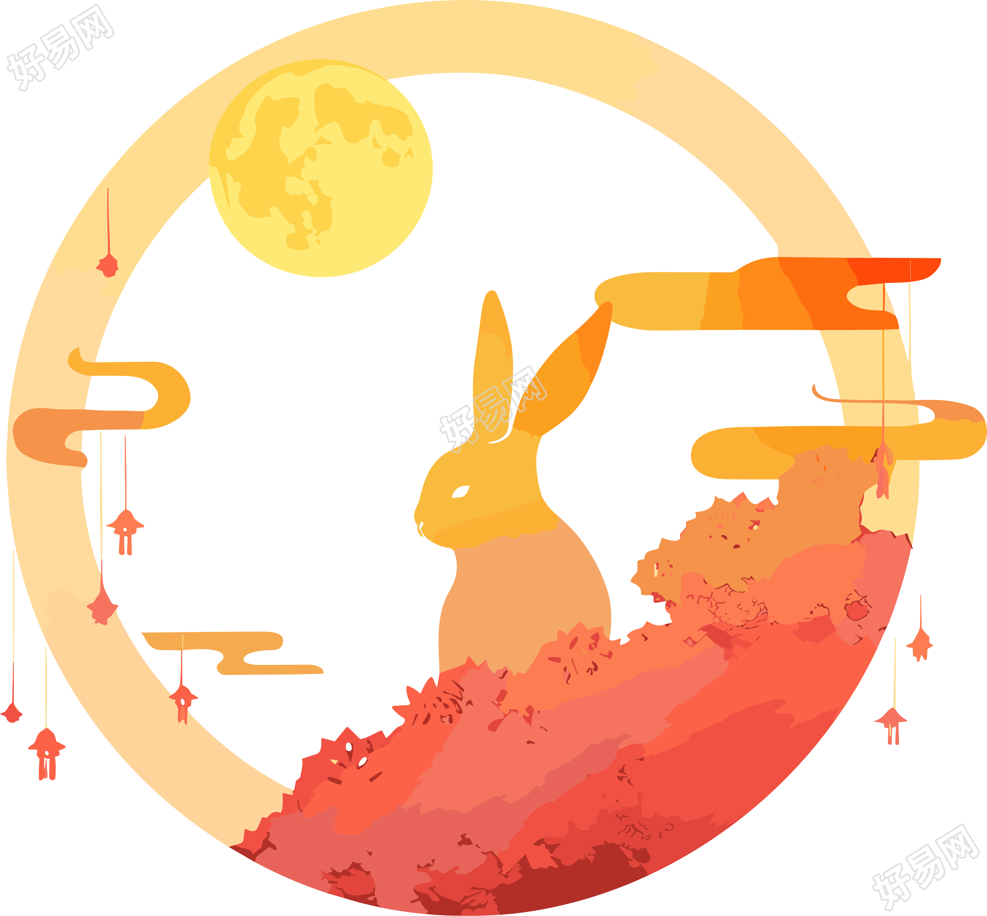 中秋节PNG图形素材-兔子和月亮剪影素材