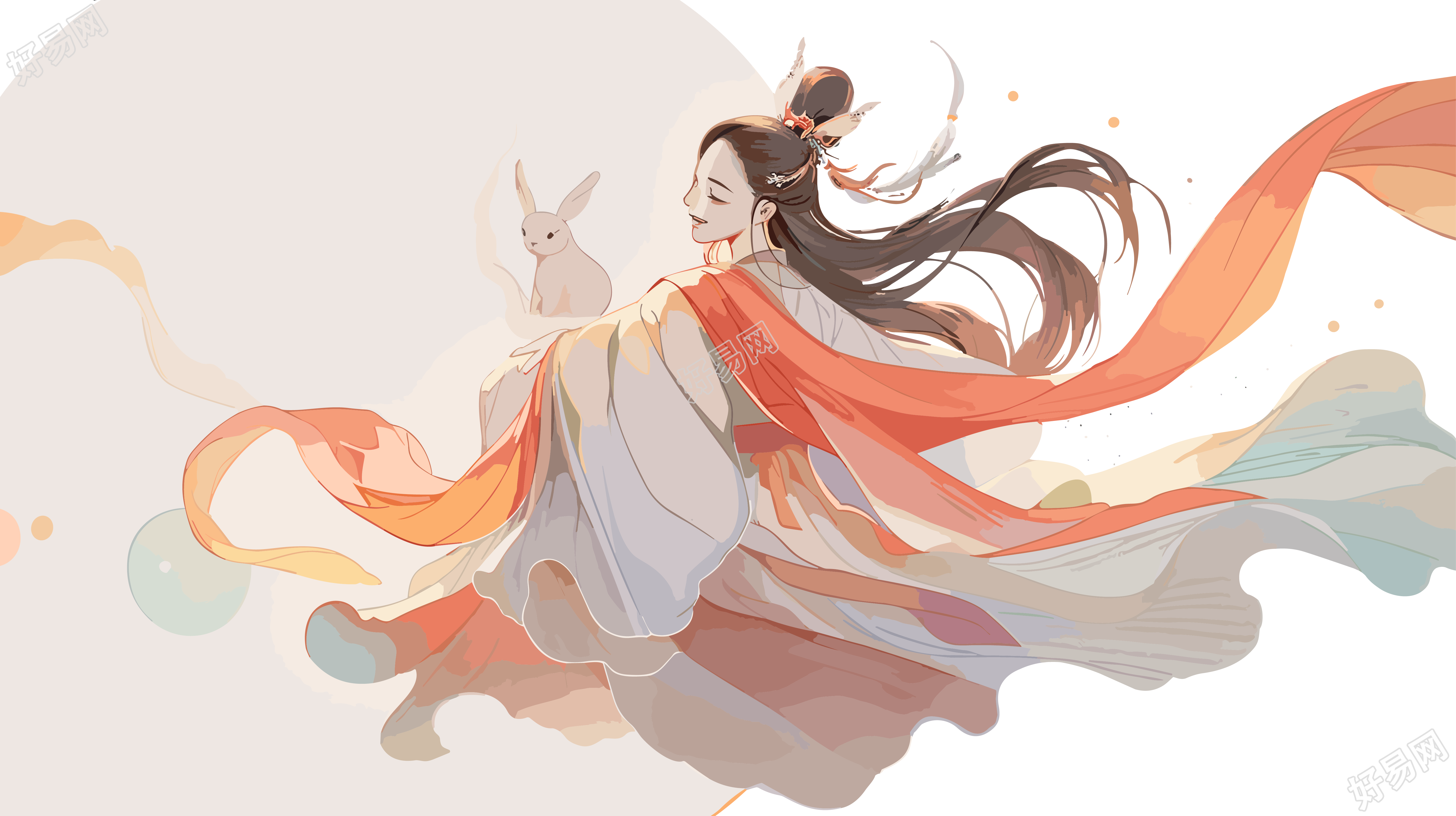 嫦娥仙子手持玉兔飞向月球插画