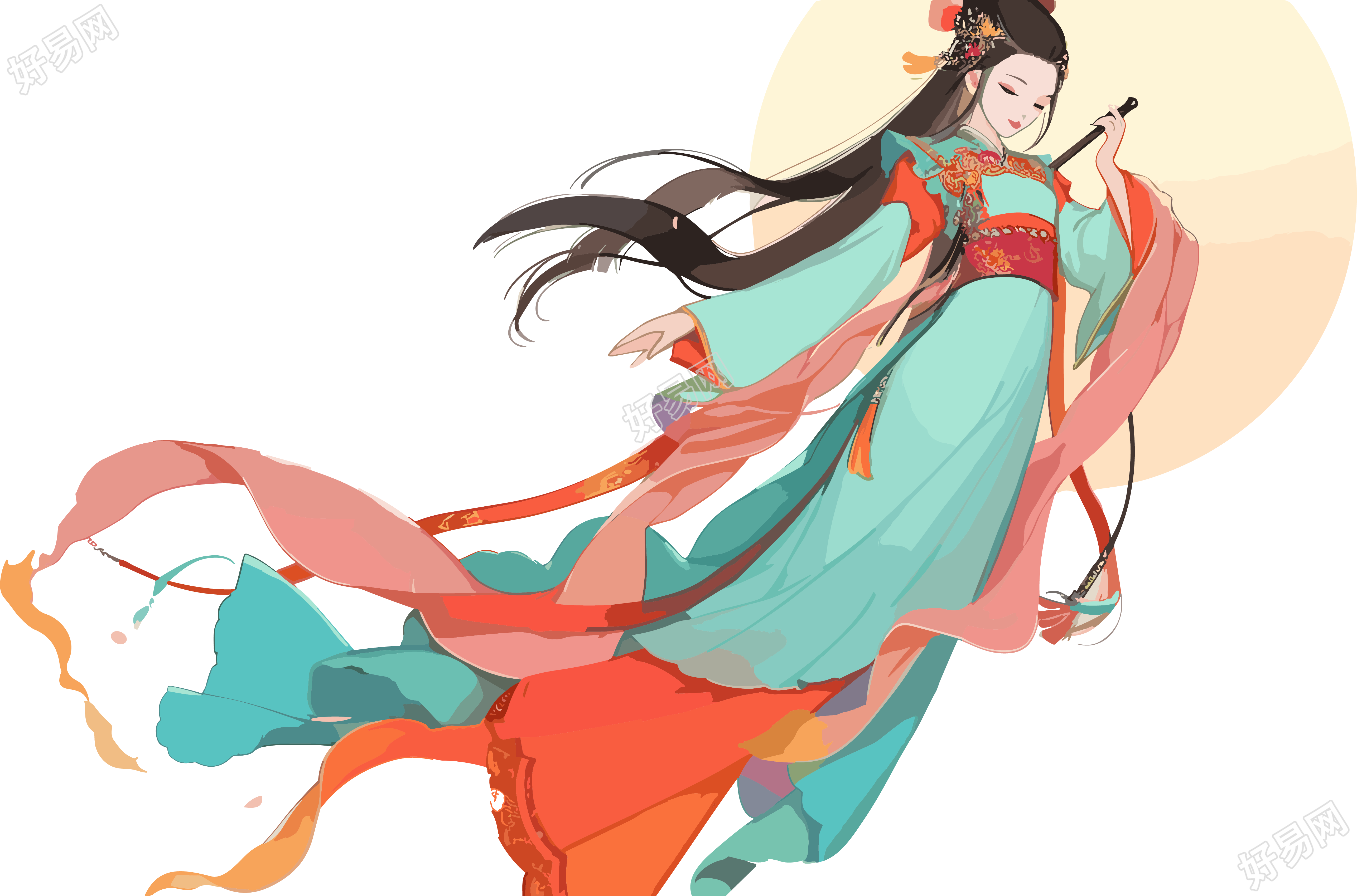 古风嫦娥仙子飞向月球PNG插画