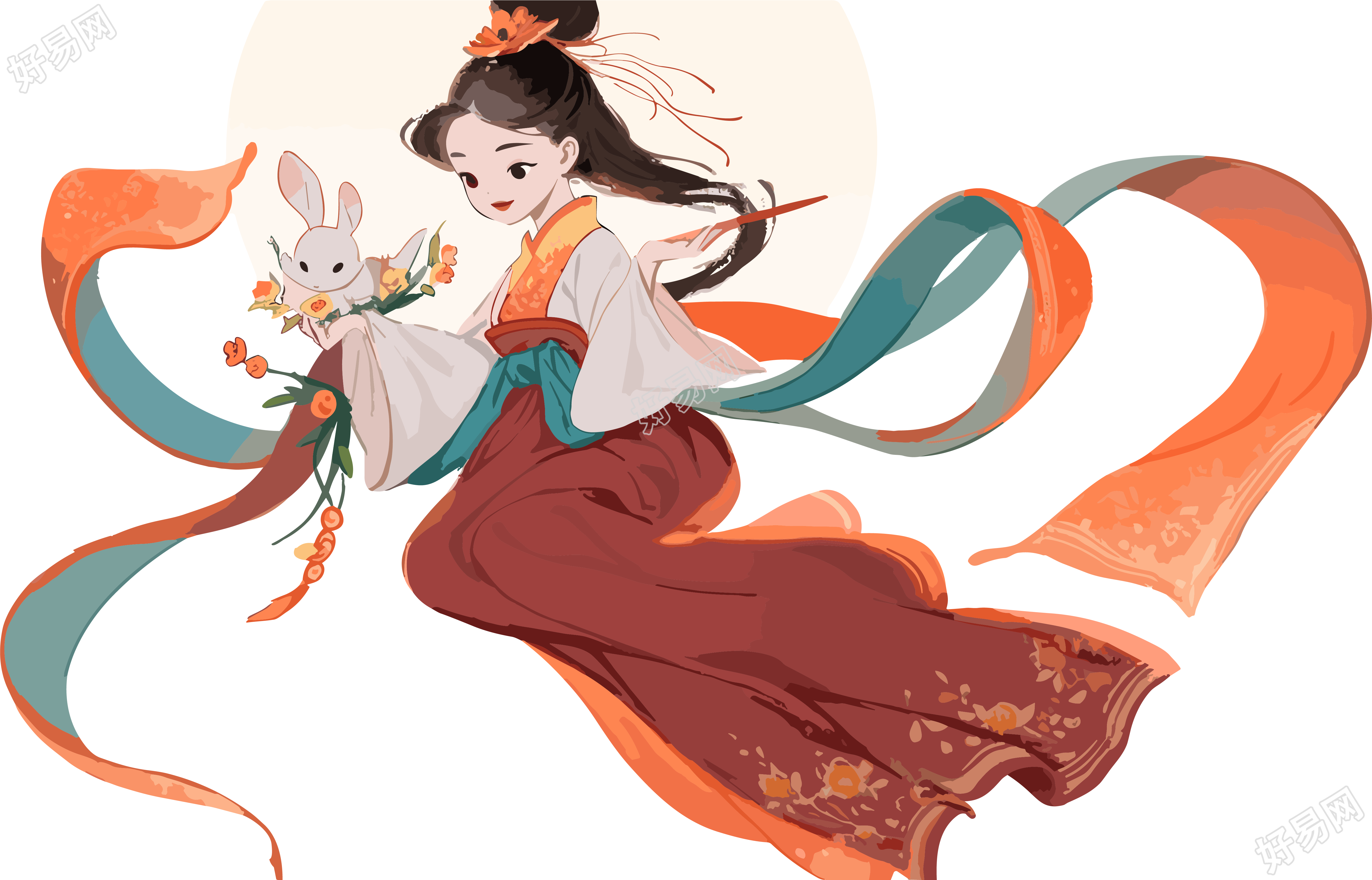 中国风嫦娥仙子和玉兔插画PNG素材