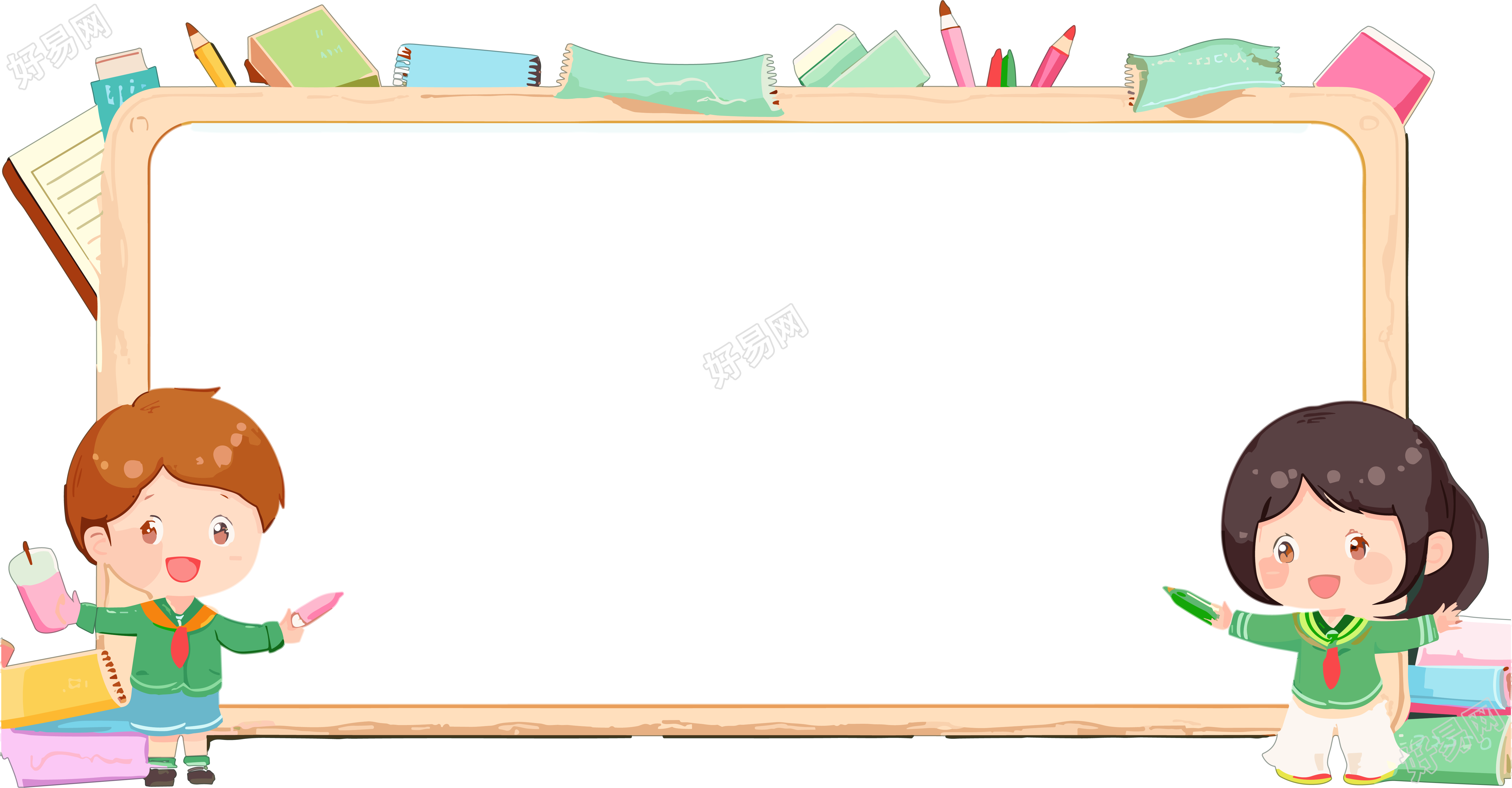 可爱卡通黑板边框与两个学生与学习工具素材