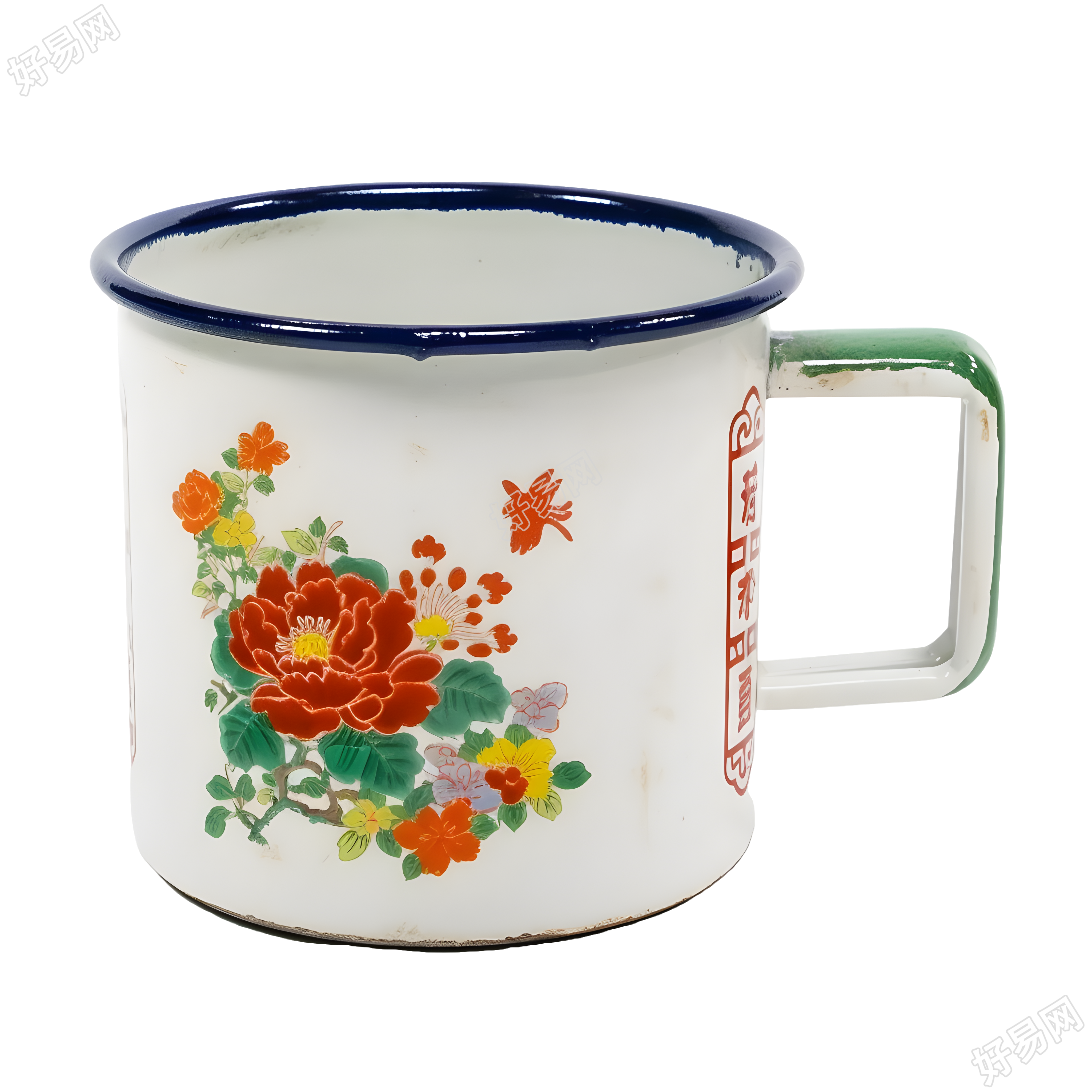 花卉字母搪瓷杯纯色背景素材