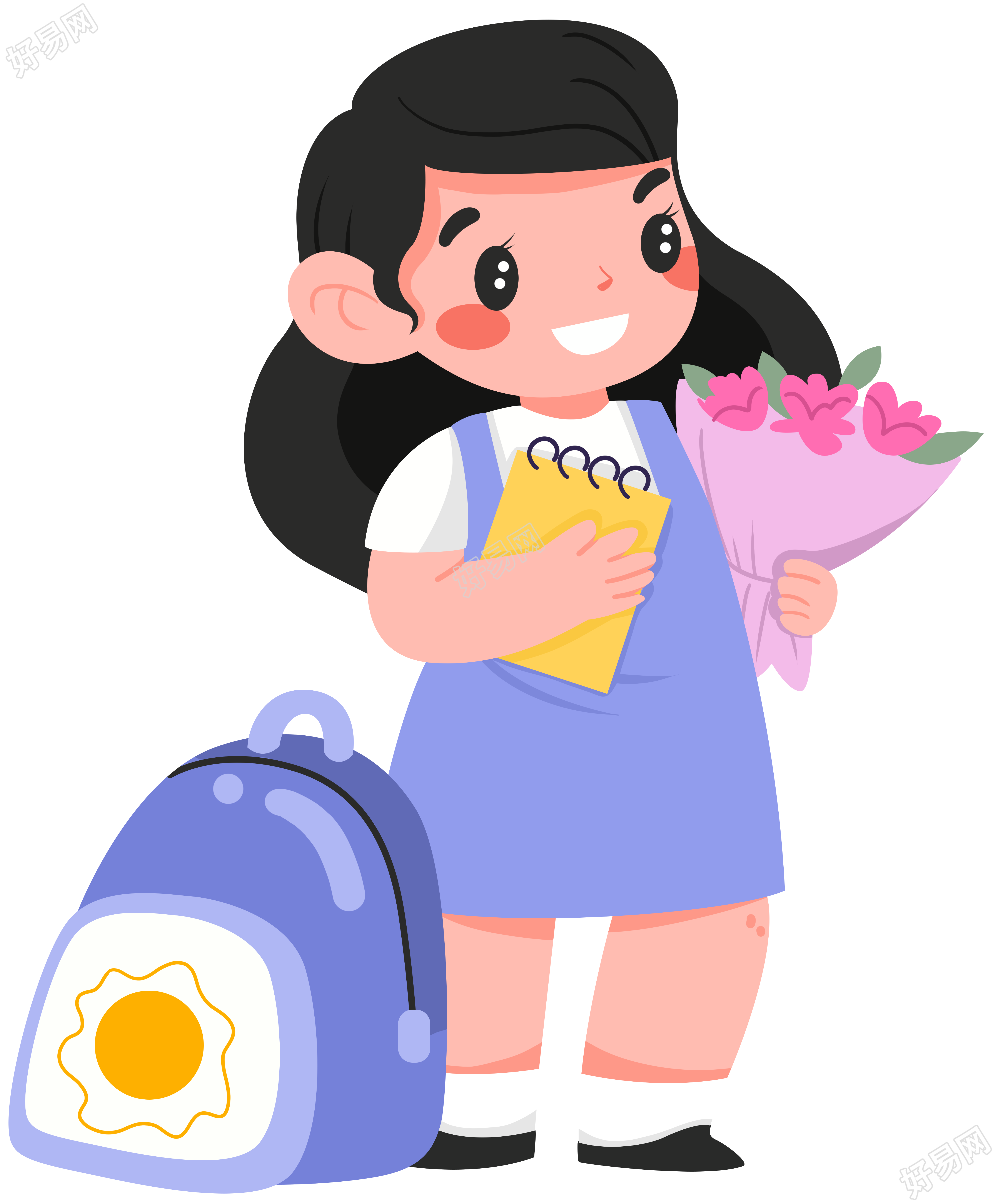学校开学季:女孩怀抱鲜花迎新元素