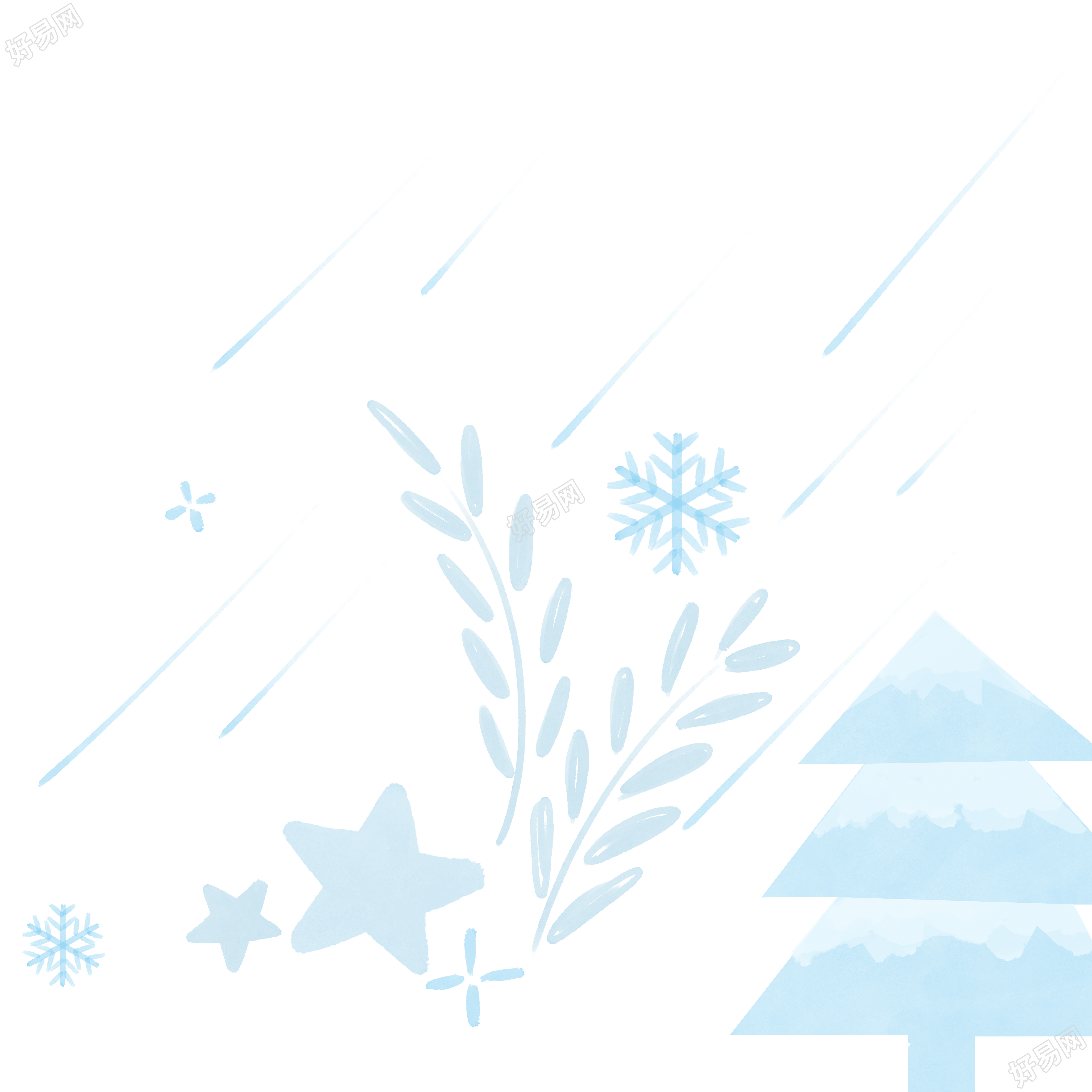 浅蓝色松树星星树叶雪花PNG插图