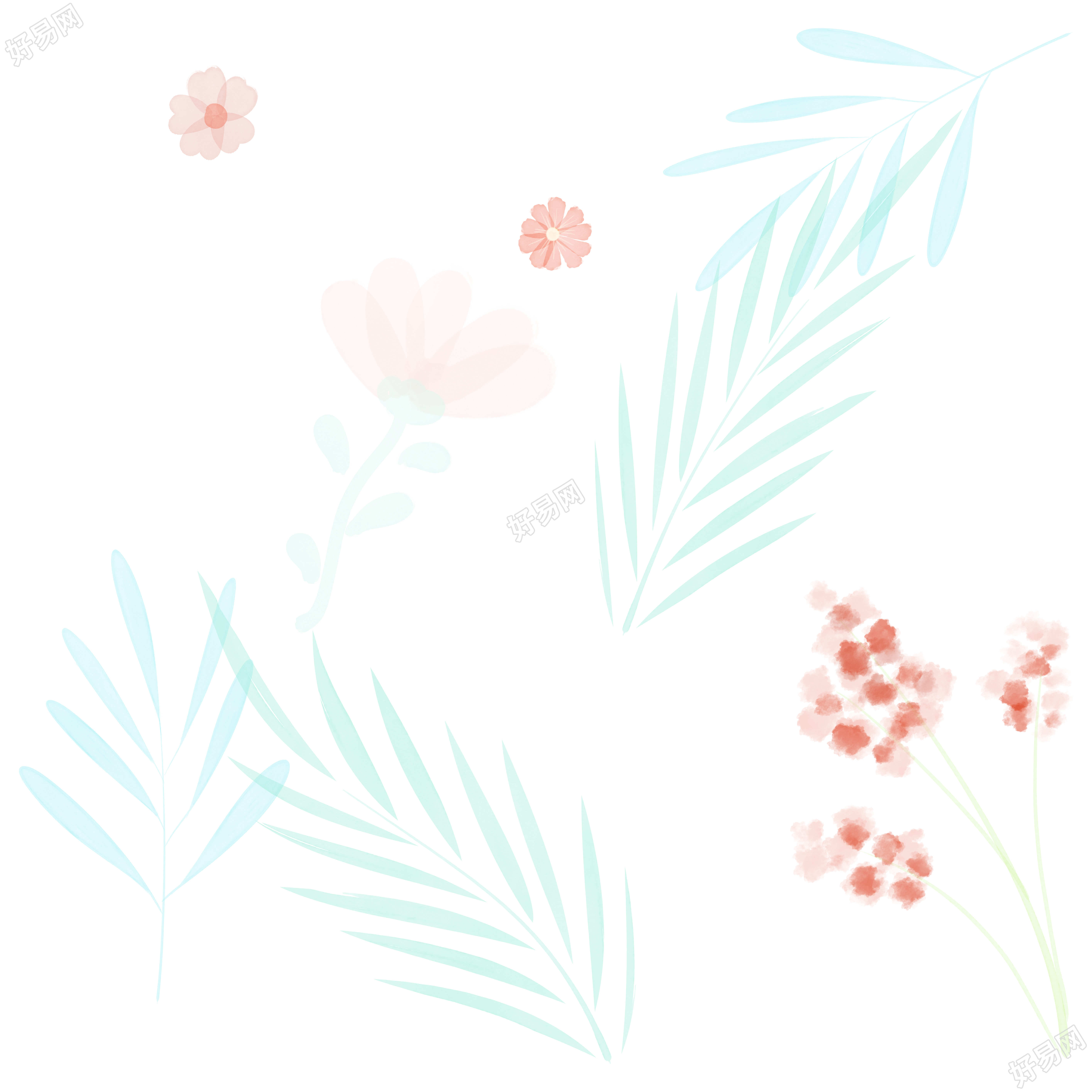 一支粉色小花简约树叶水彩元素