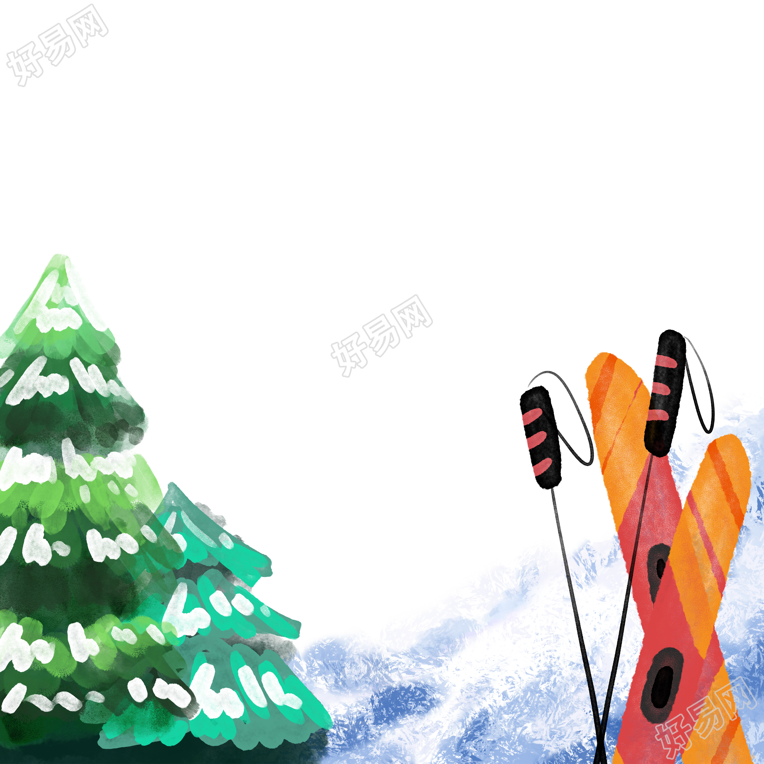 冬日滑雪落雪的松树和滑雪板插画