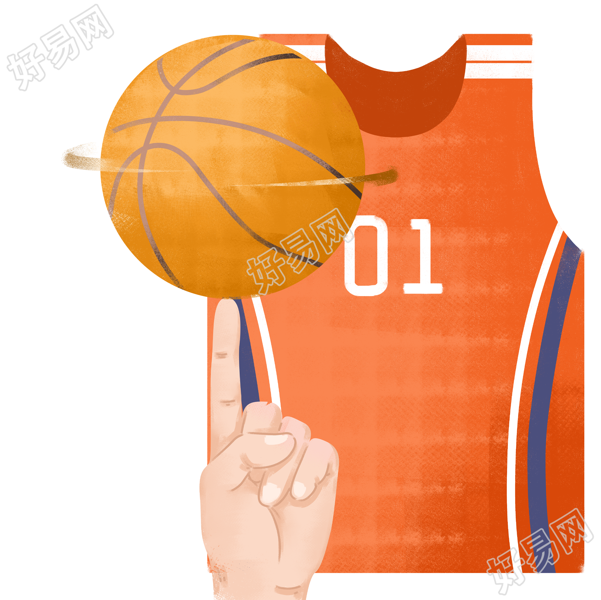 篮球比赛场中手转篮球橙色球衣素材