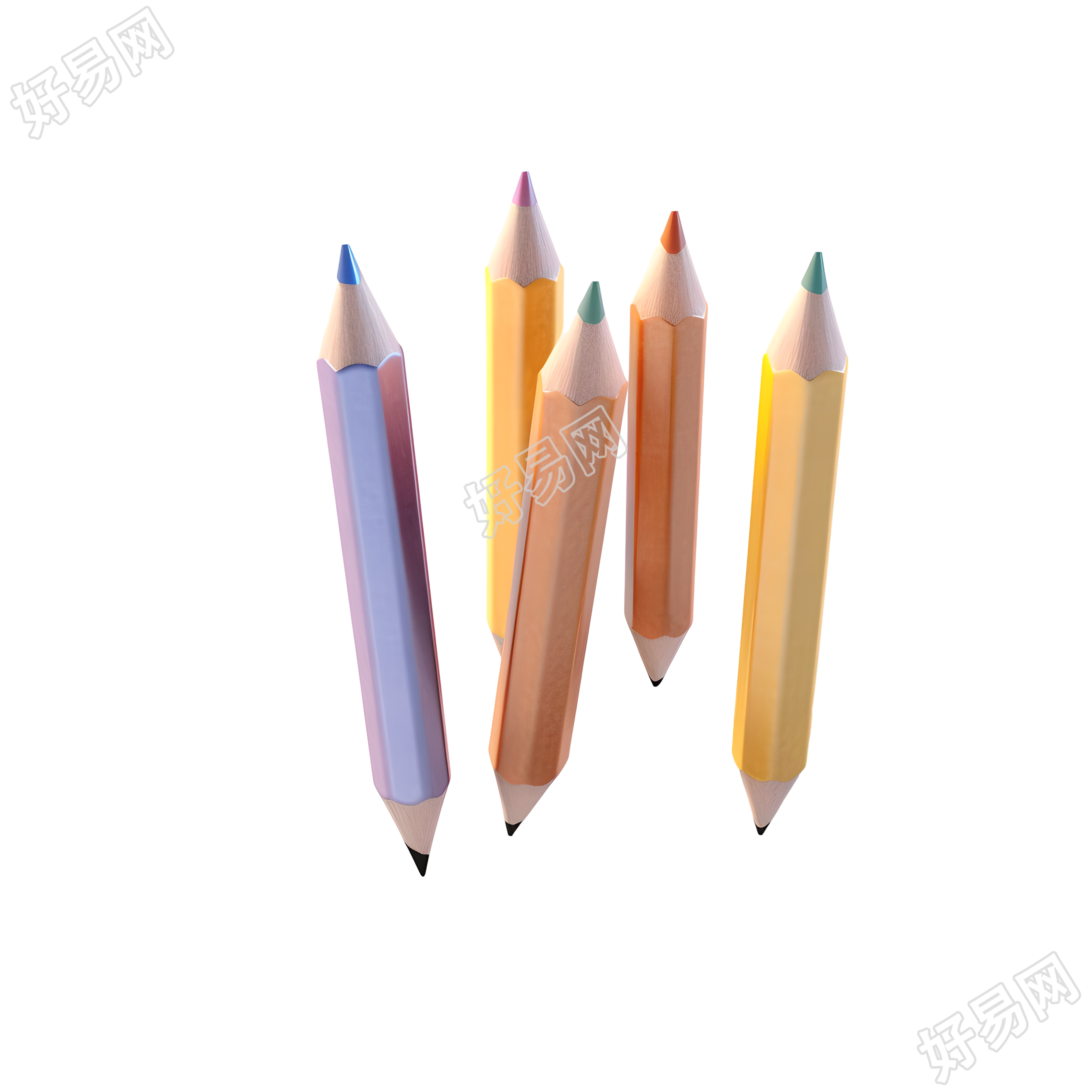 五支铅笔柔和粉彩3D插画