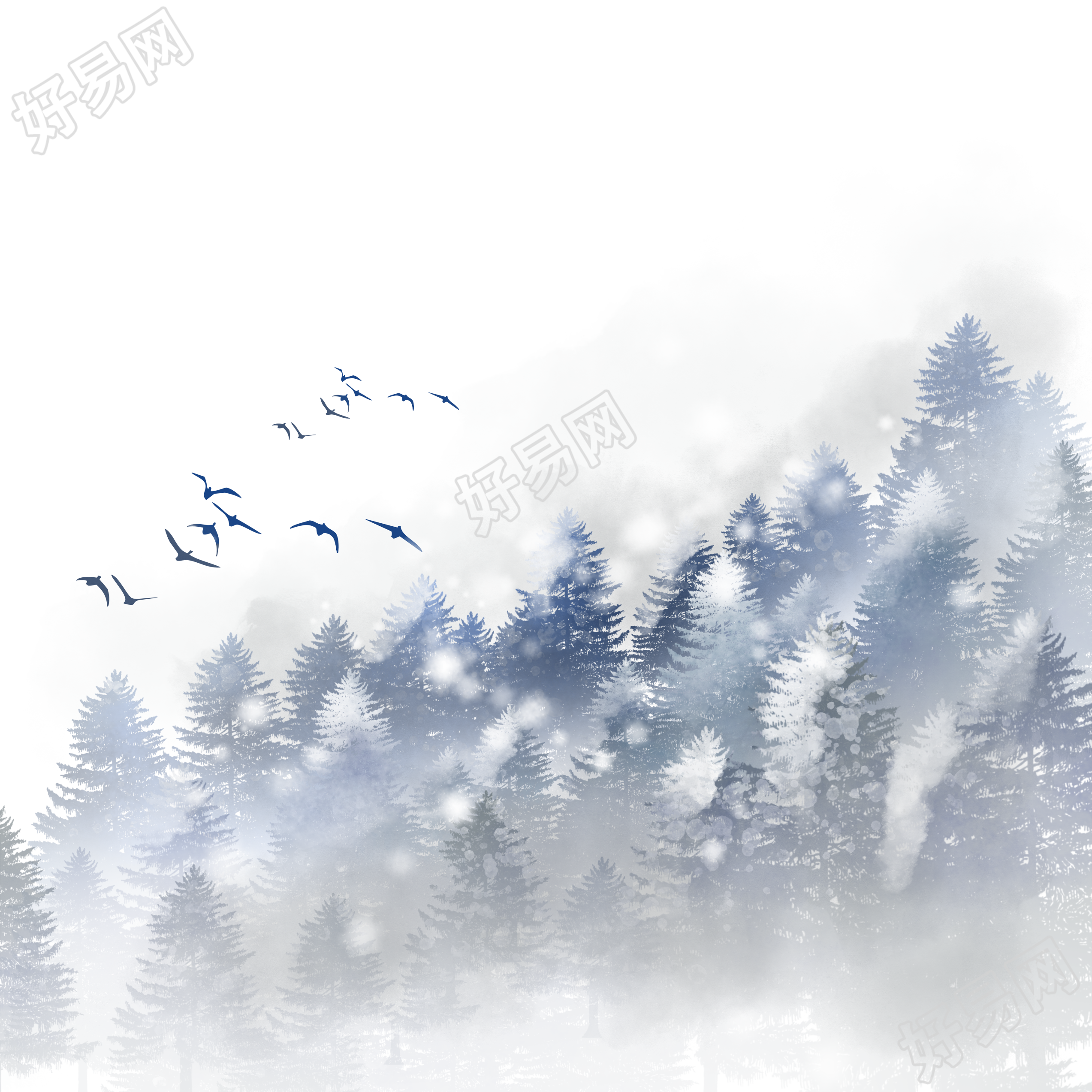 大雪纷飞的树林和飞鸟透明背景元素