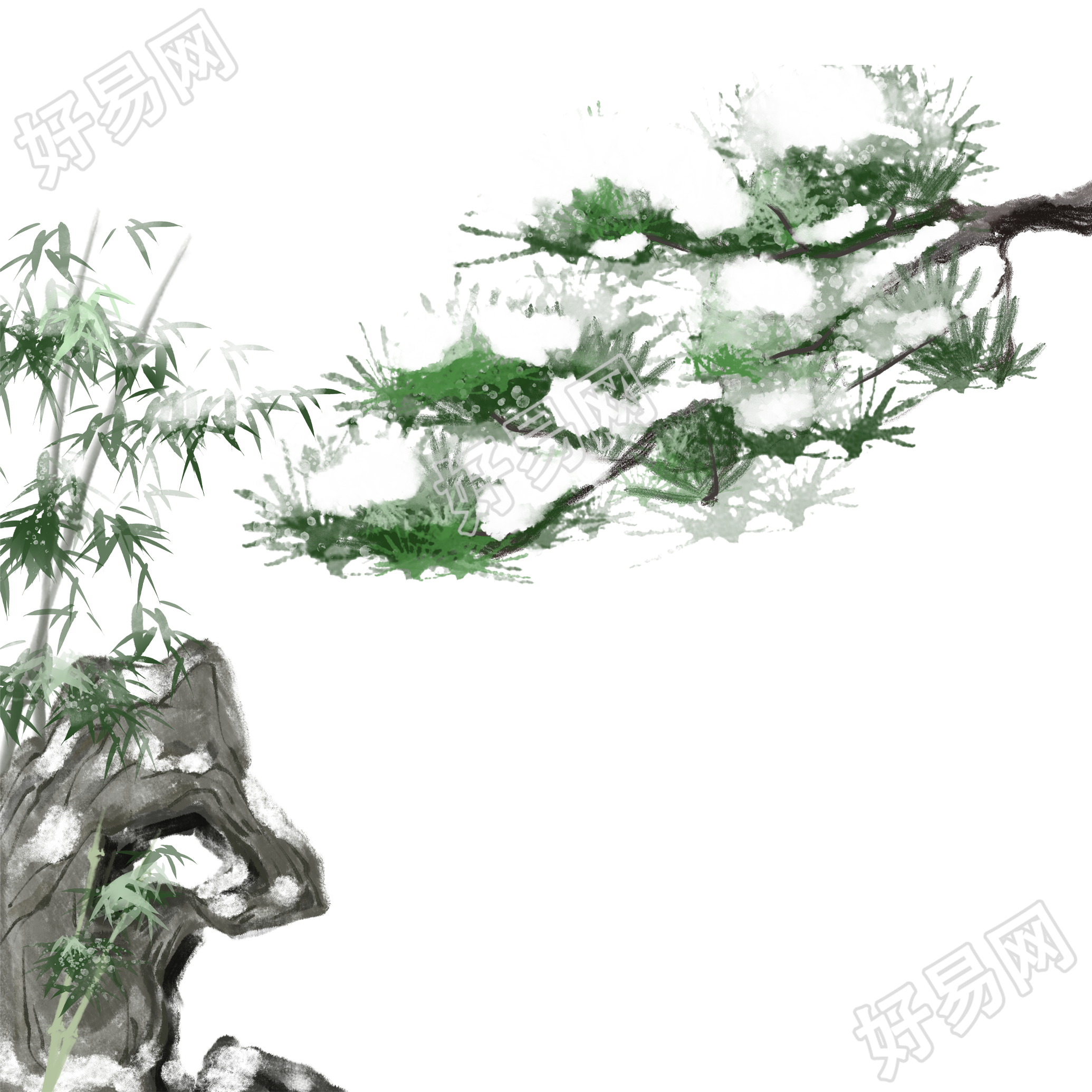 大雪压青松手绘大雪节气怪石竹子PNG素材