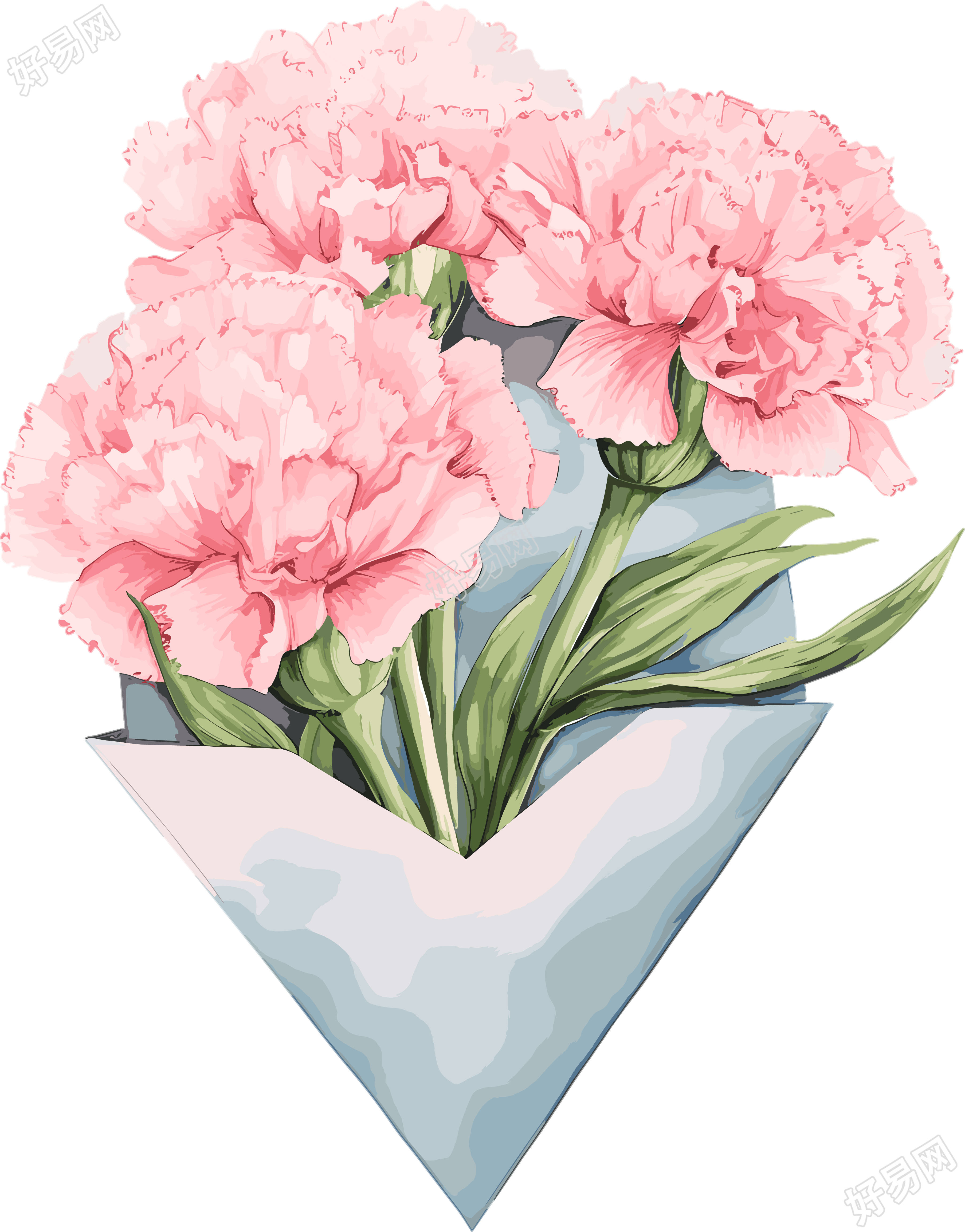 花朵信封插画粉色康乃馨高清PNG素材