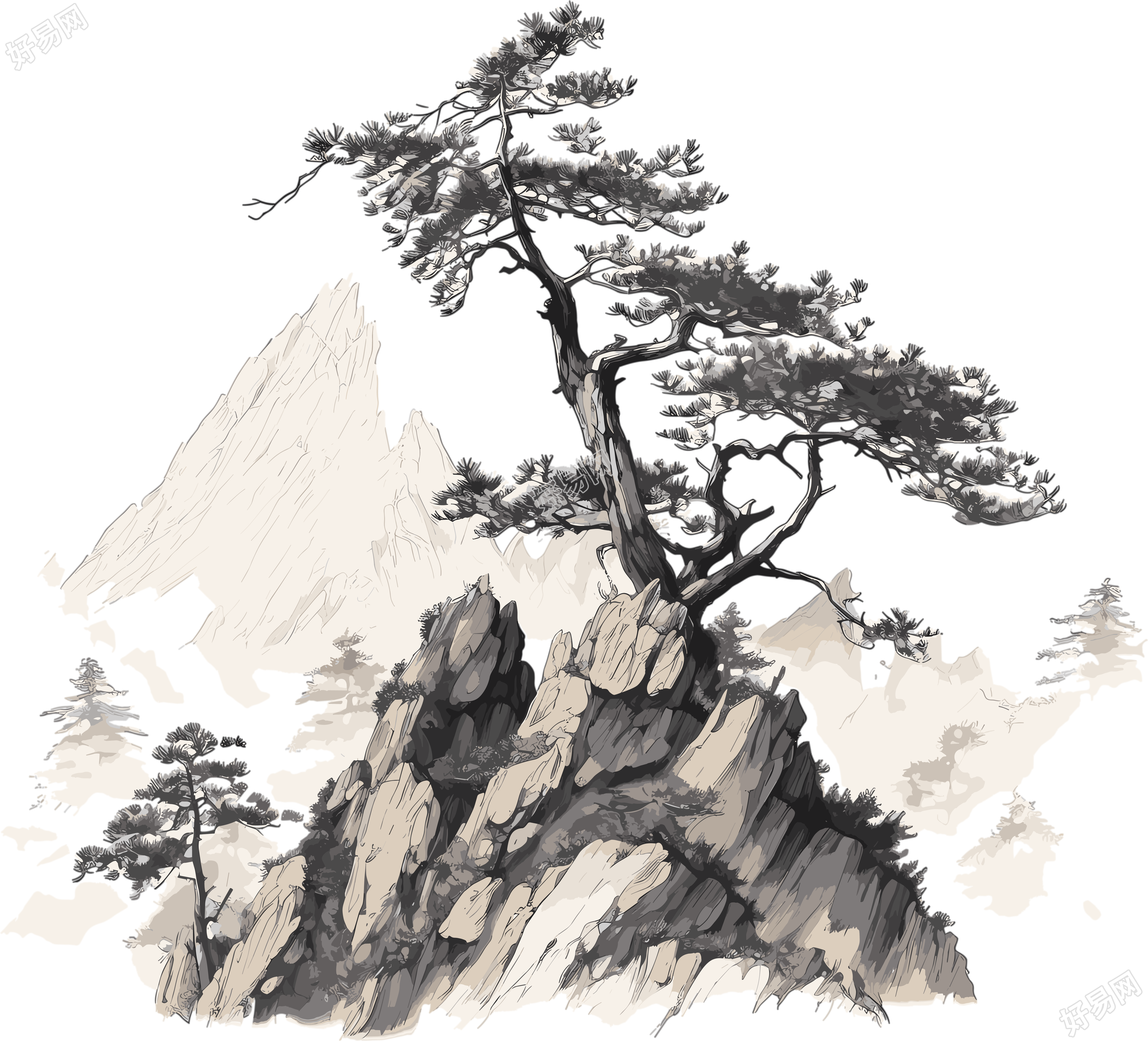 中国风长白松山山脉树枝和树叶水墨插画