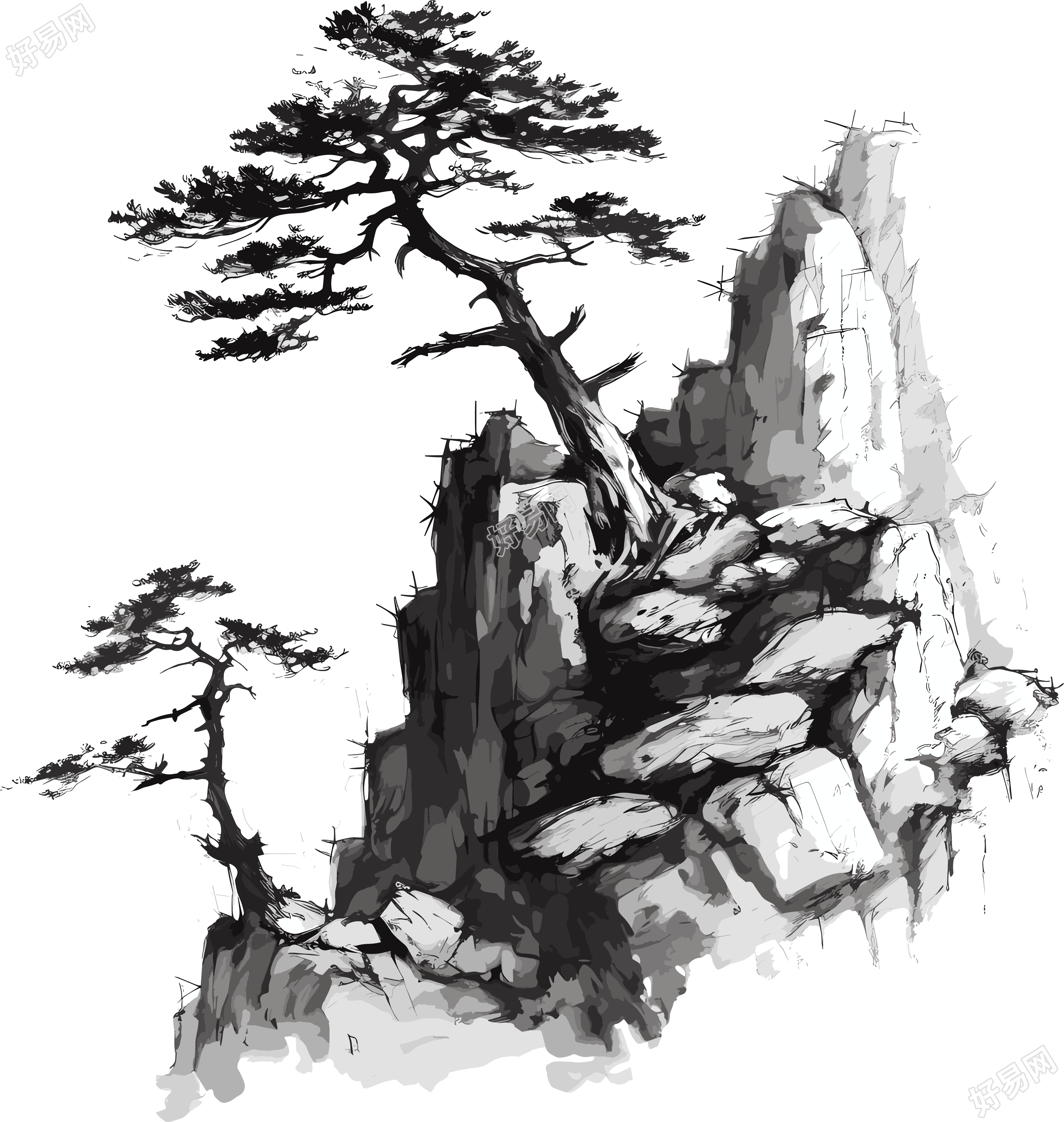 中国风松树山脉插画