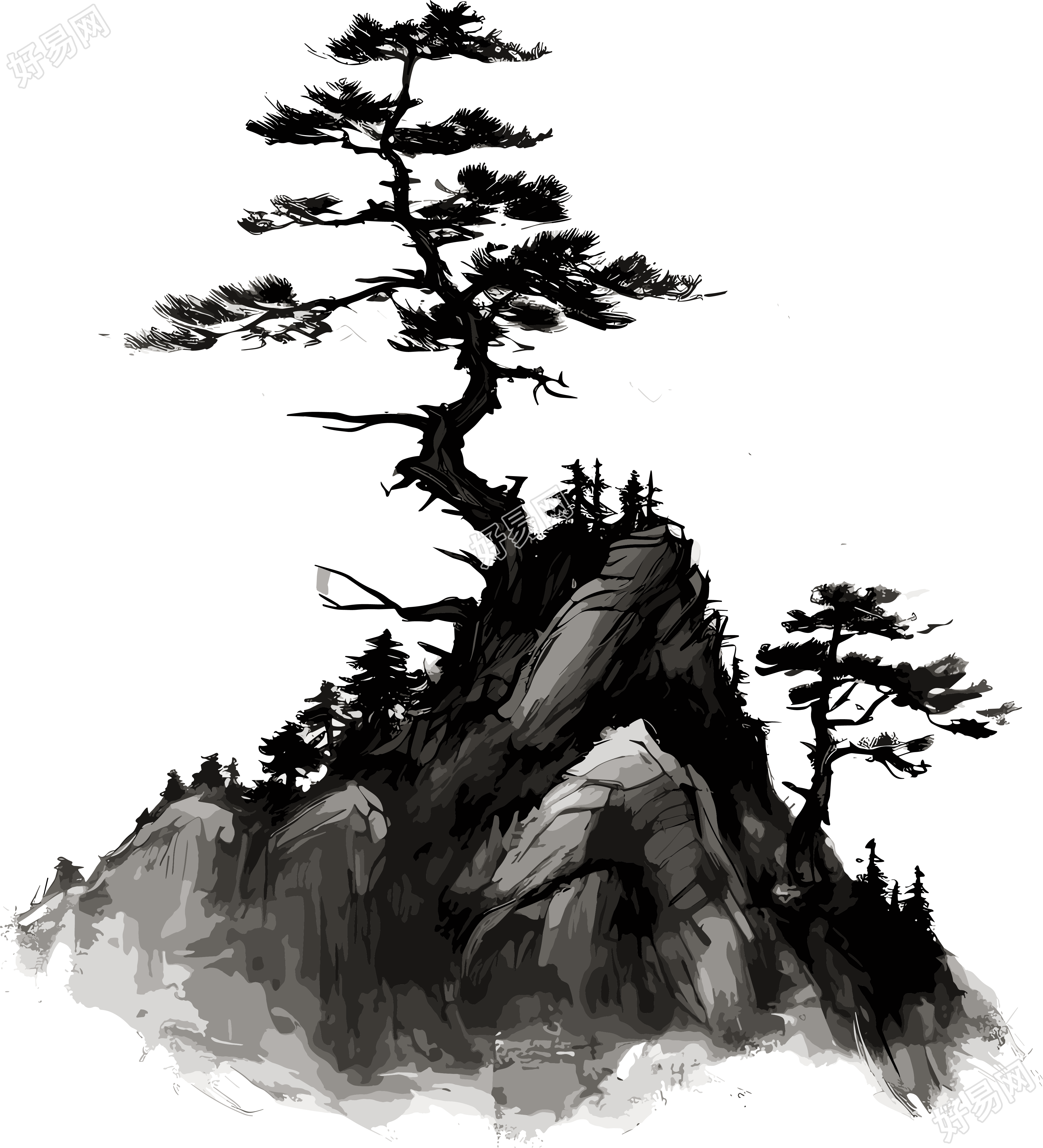 高山松树山脉枝叶中国风墨画白底插图