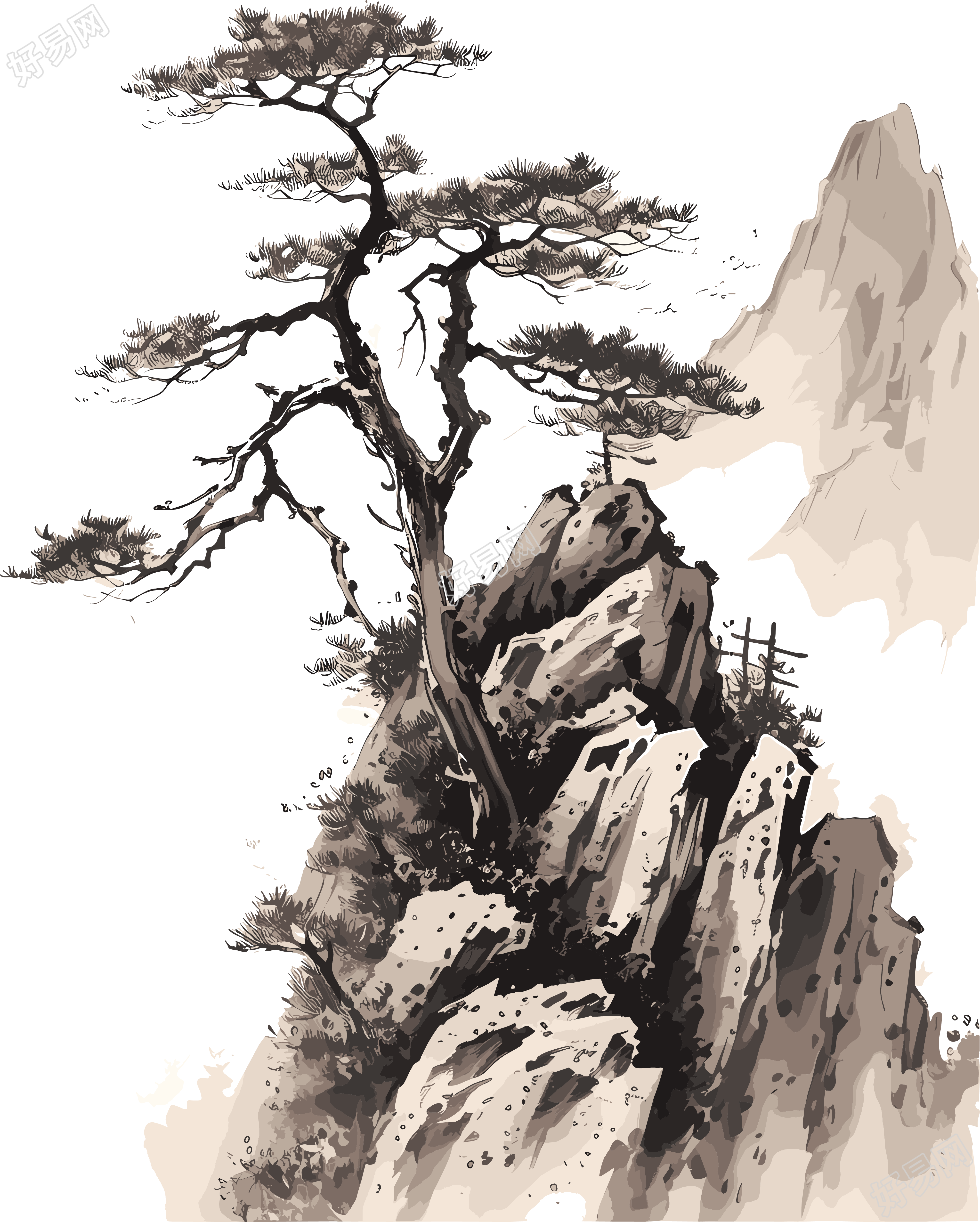 中国风高山松树插画