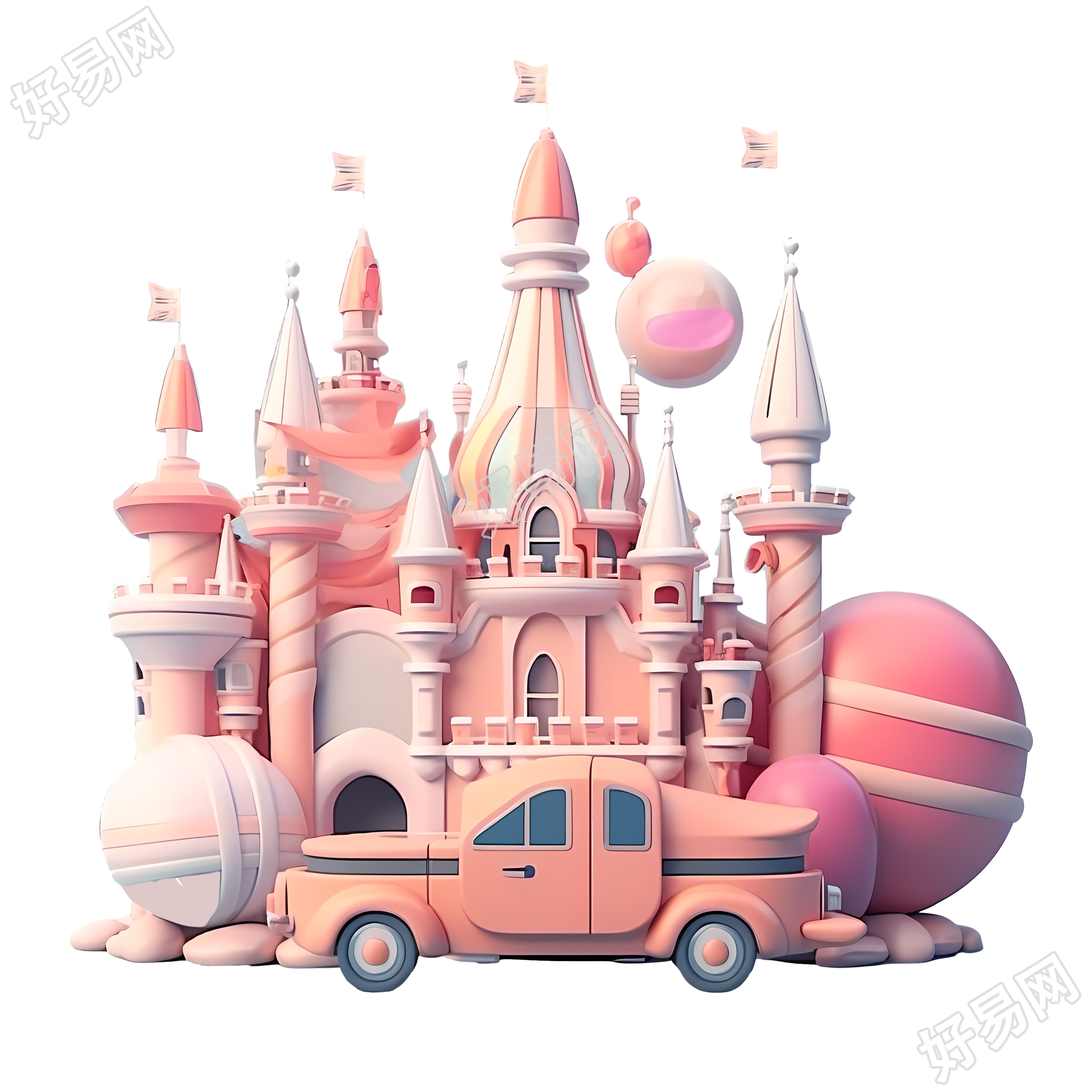 可商用的多彩主题公园城堡和过山车3D艺术设计