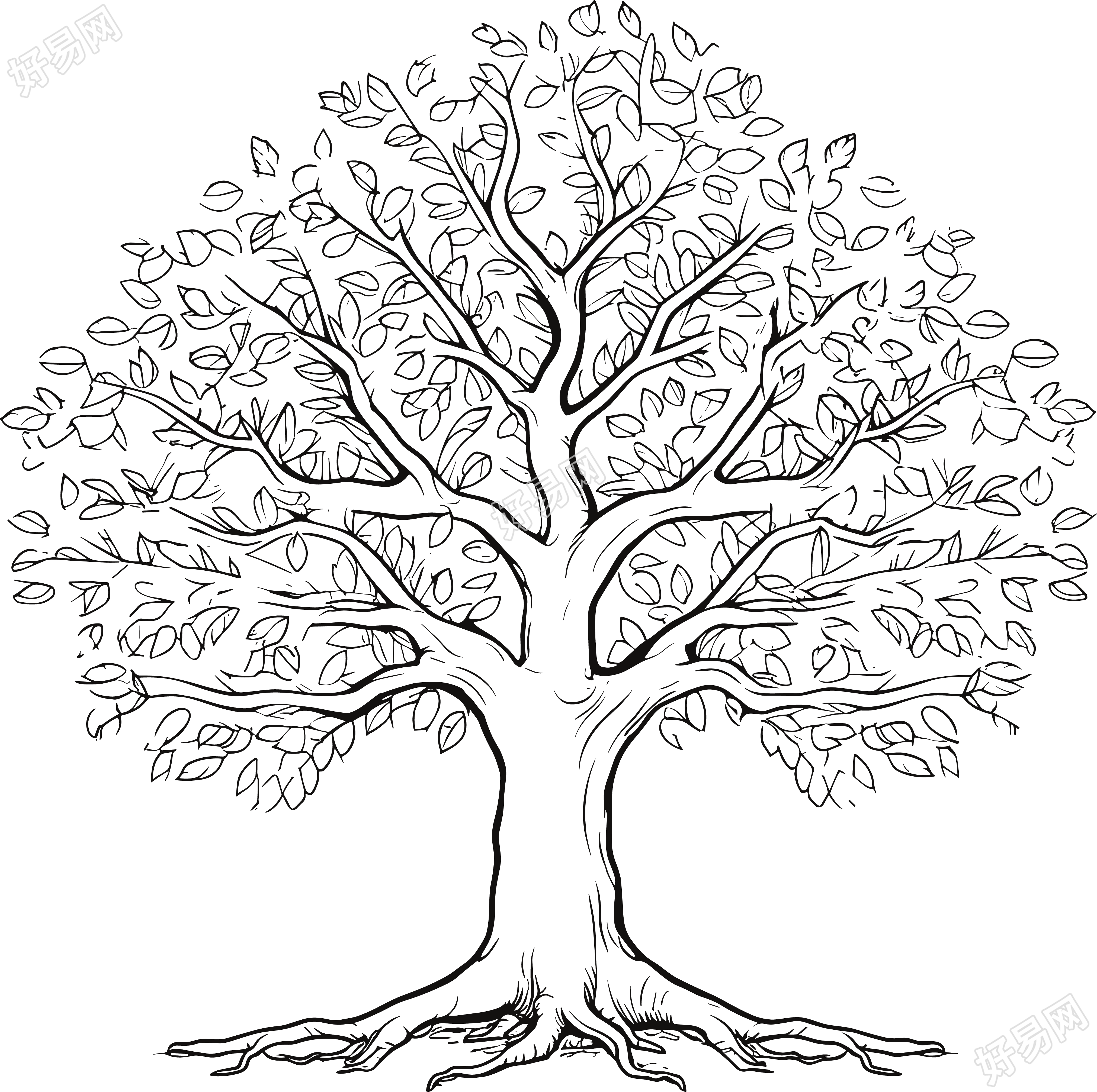 大树枝与叶的黑白插画设计素材