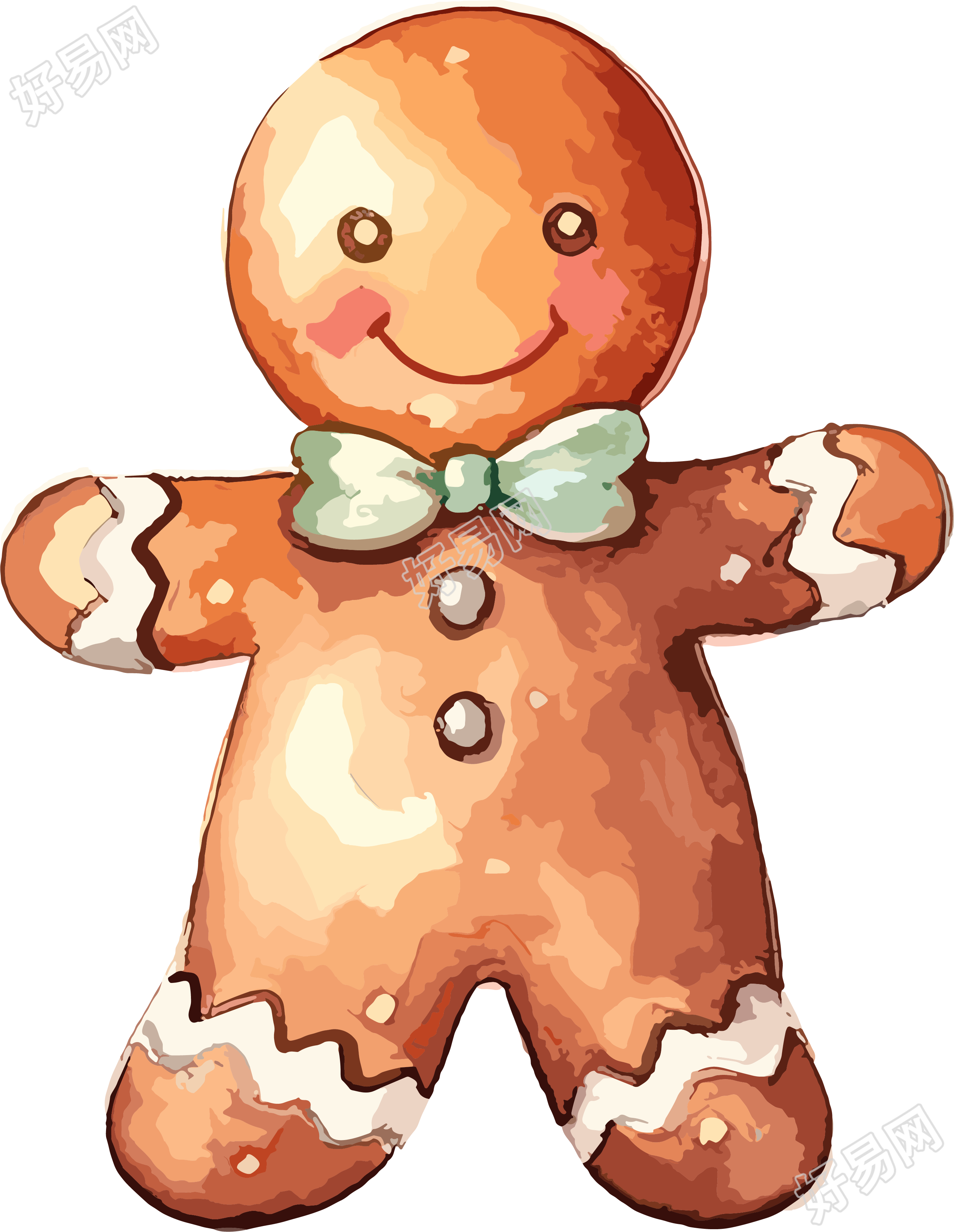 圣诞插画图片水彩风格的姜饼人与冬青