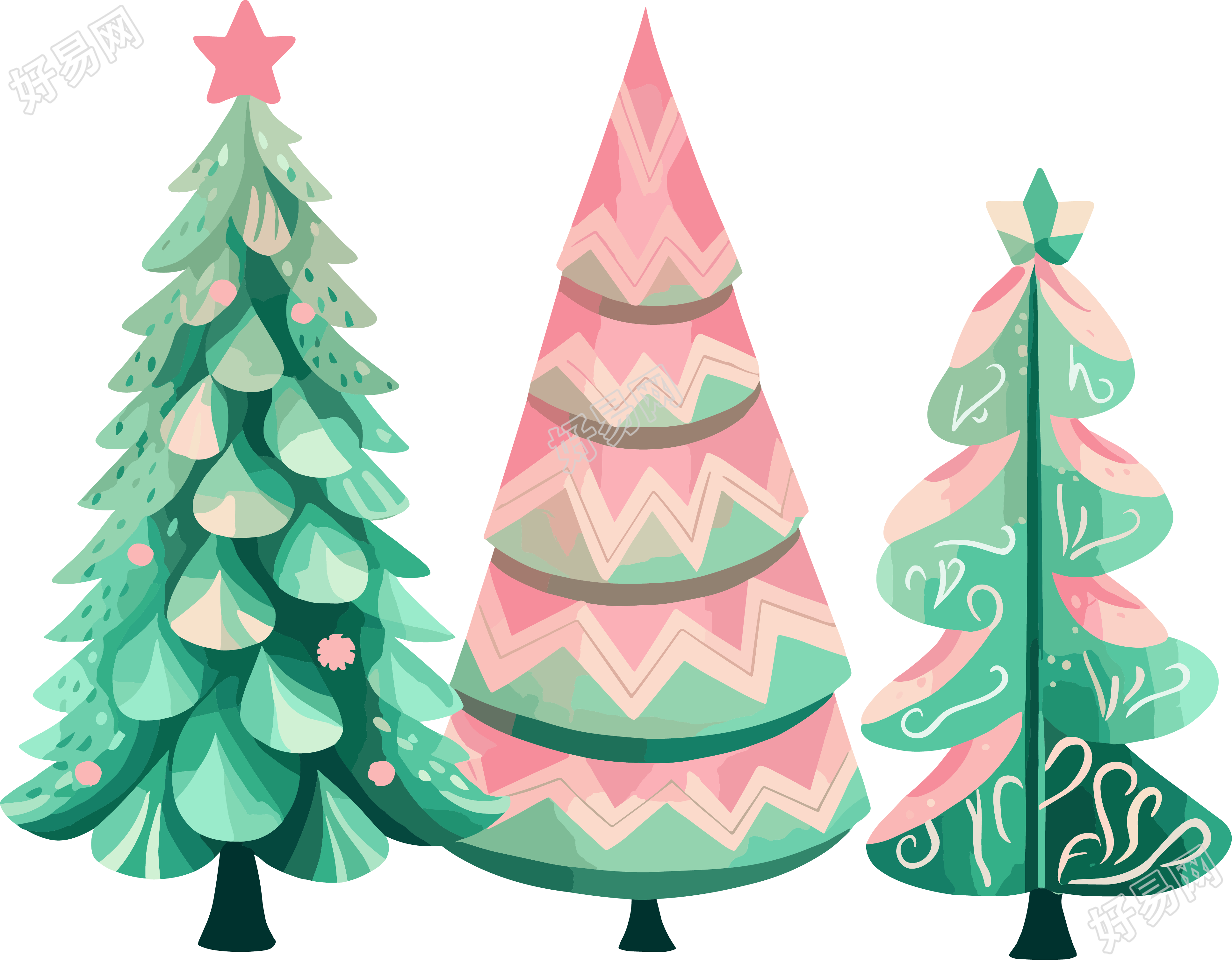 粉色绿色复古圣诞树图案PNG设计