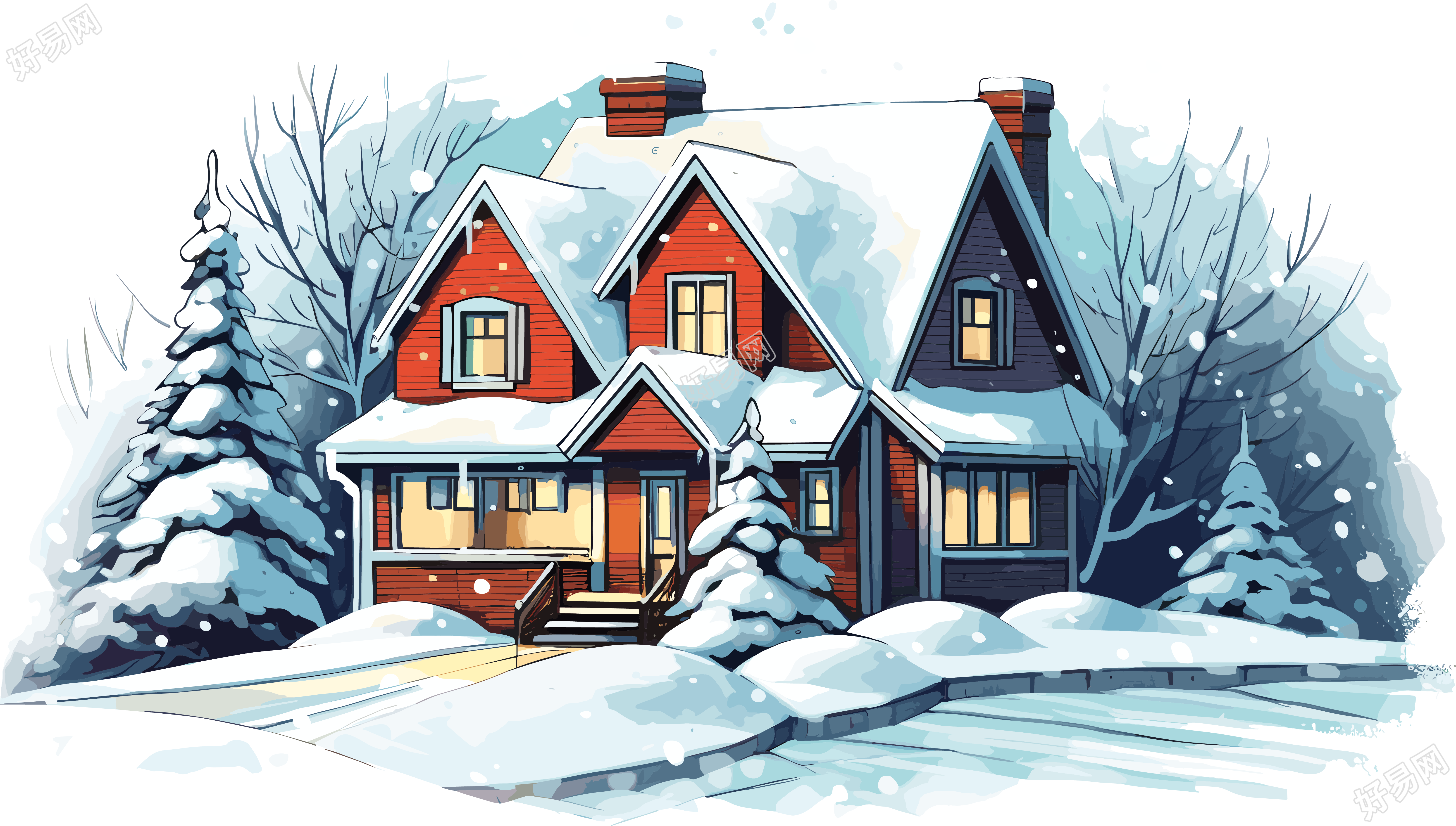 雪地小房子2D平面图商业插画