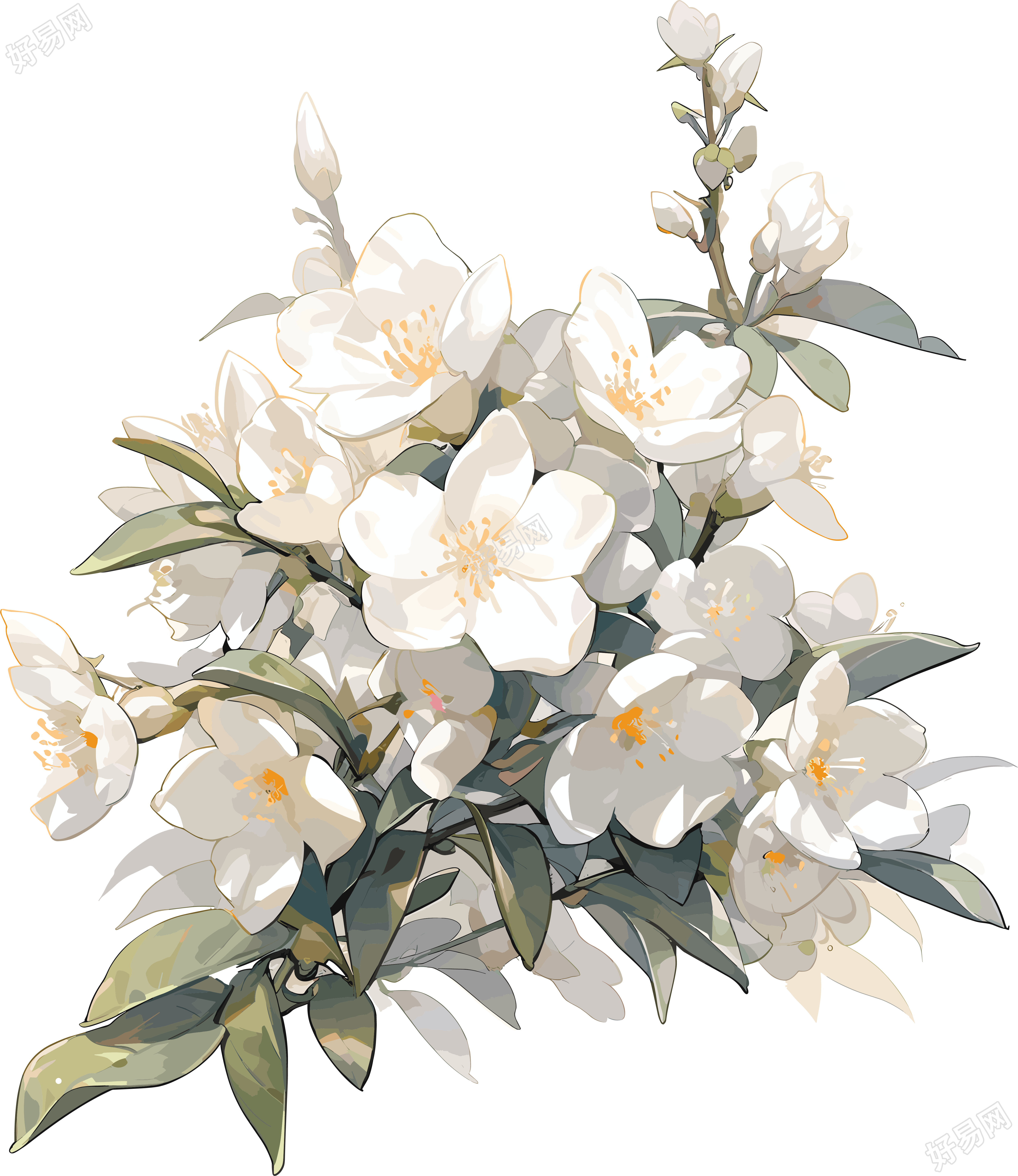 茉莉花与翡翠绿枝叶水彩画素材