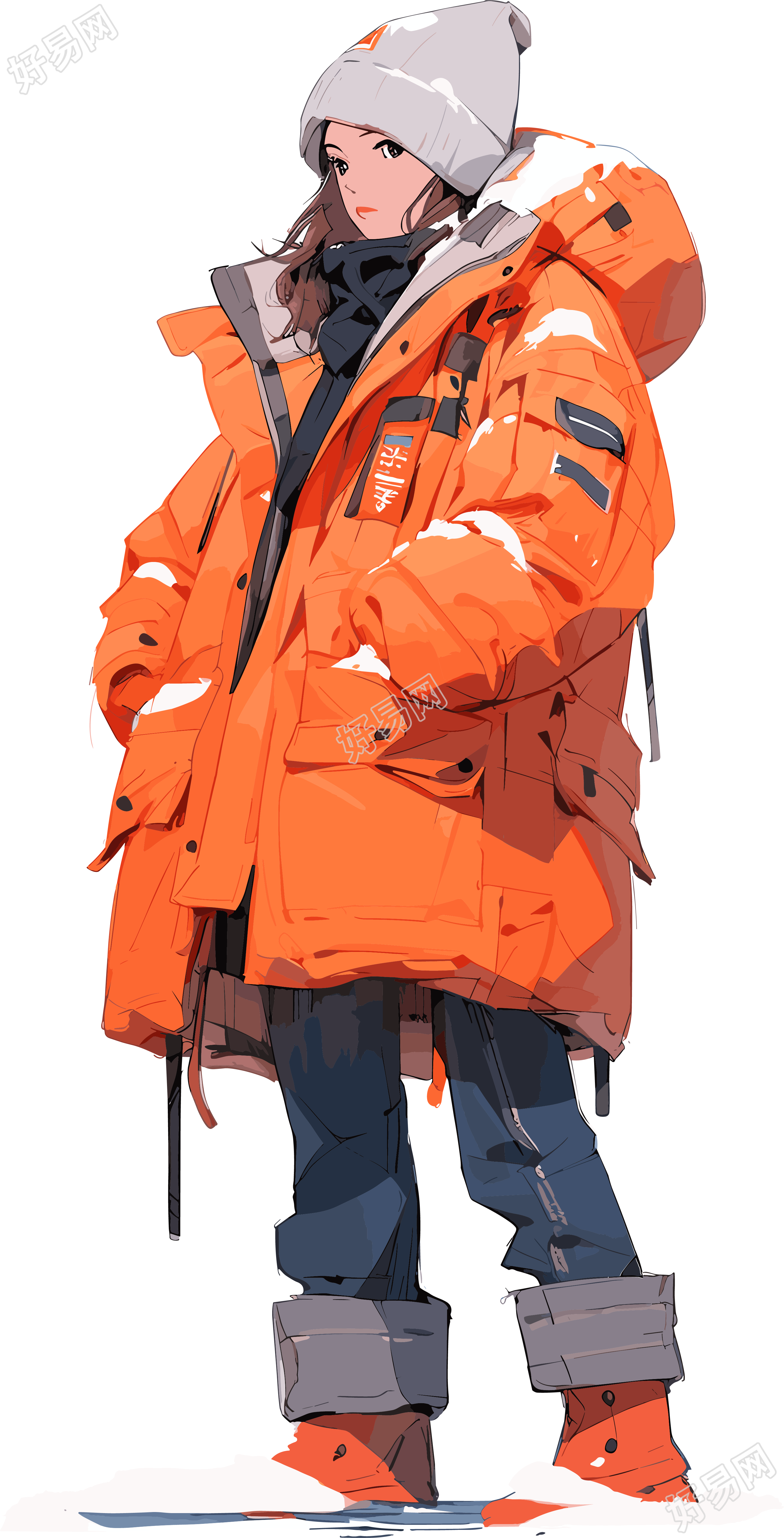 时尚女性穿着蓝色羽绒服的插画设计素材
