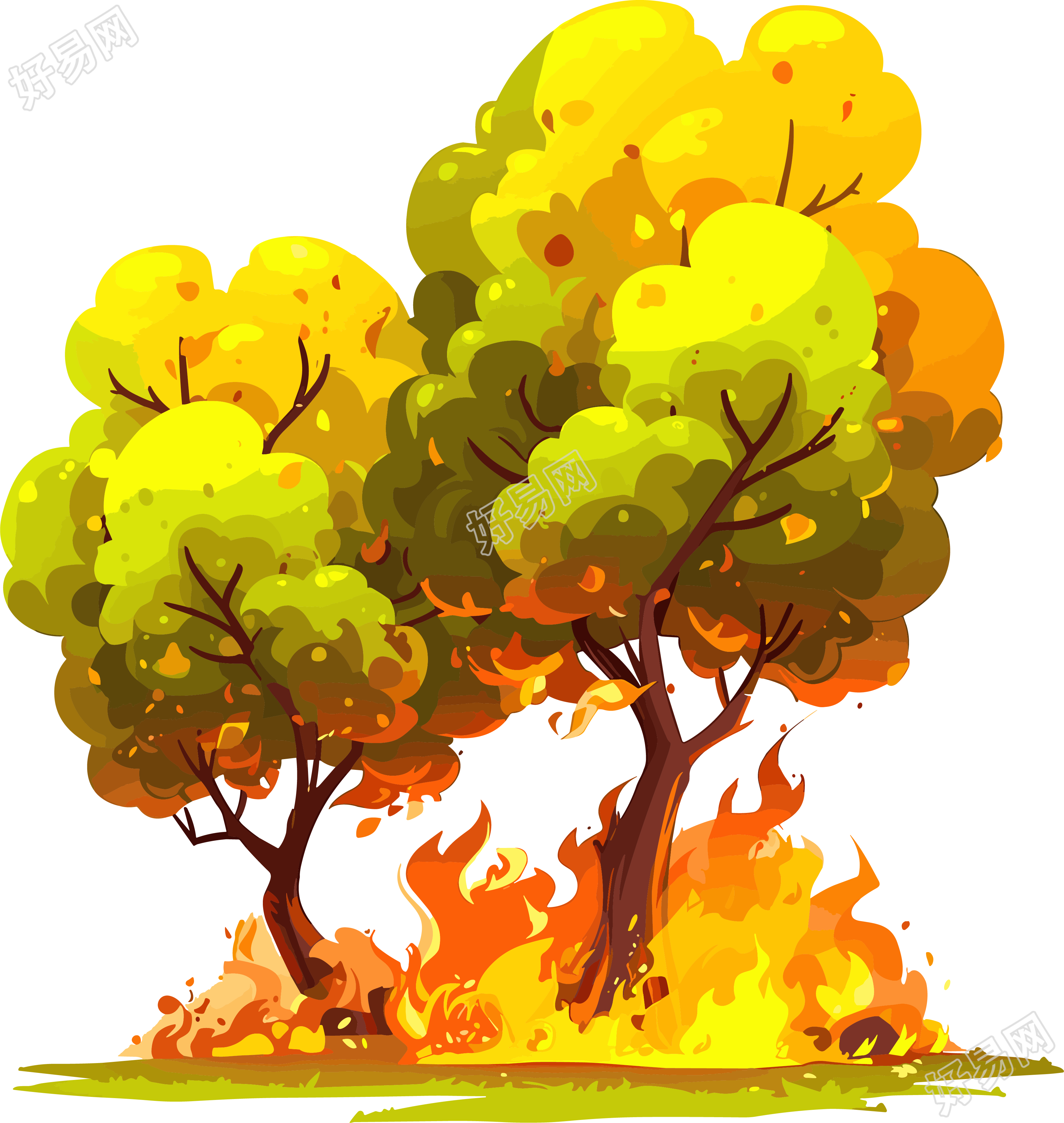 森林火灾燃烧的树木素材