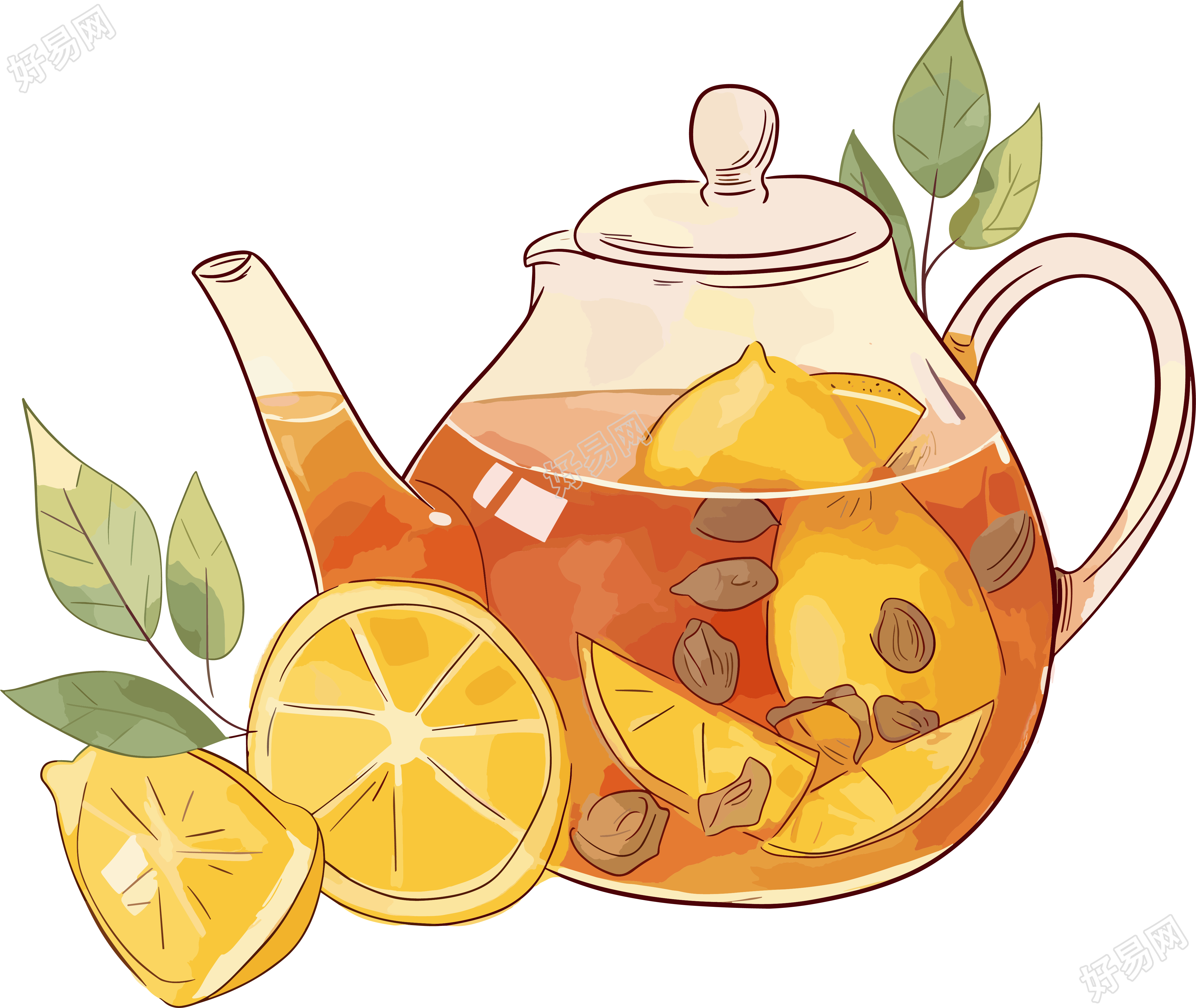 柠檬红茶水彩插画