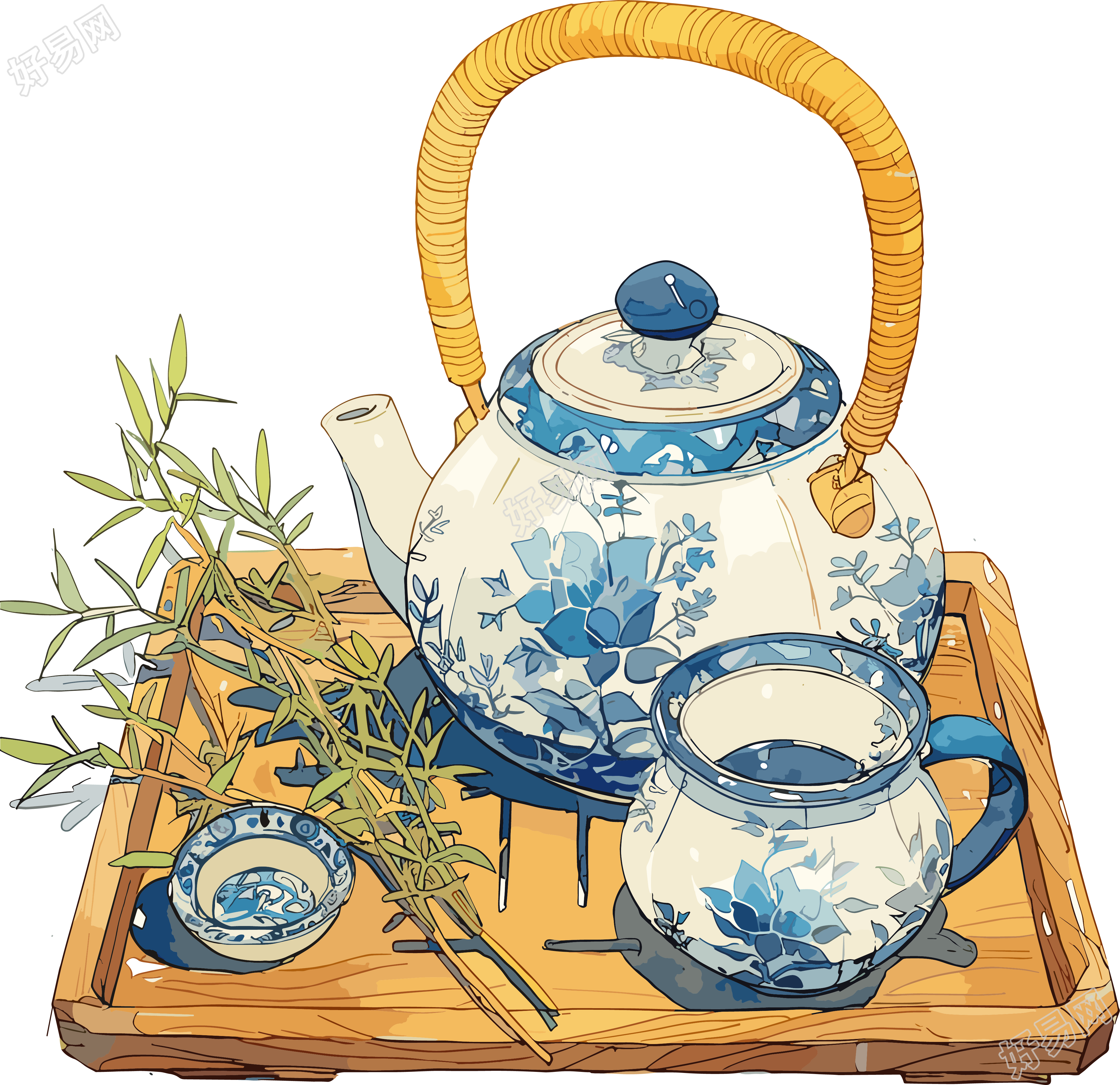 清茶蓝白色茶杯素材