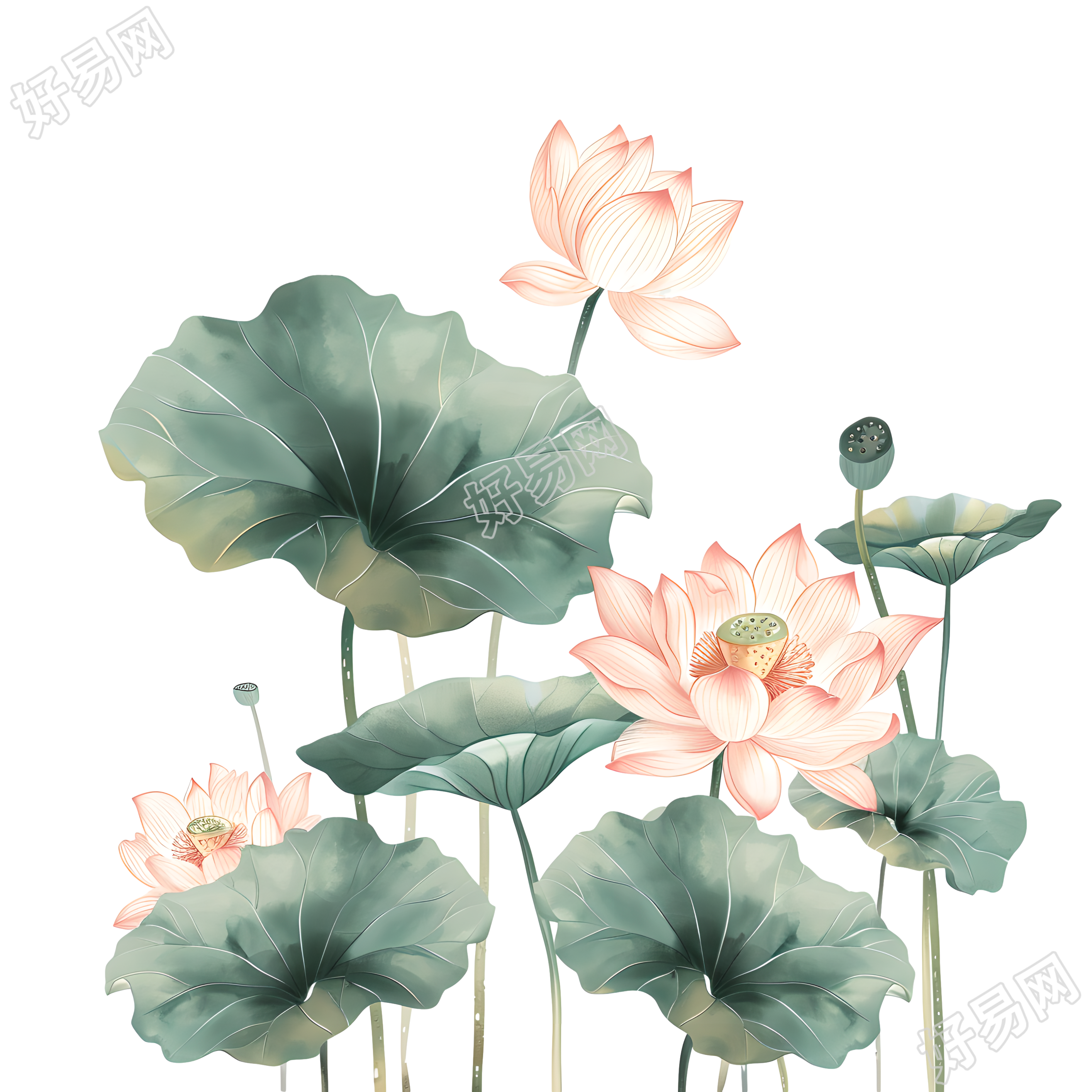 水墨荷花莲叶素材