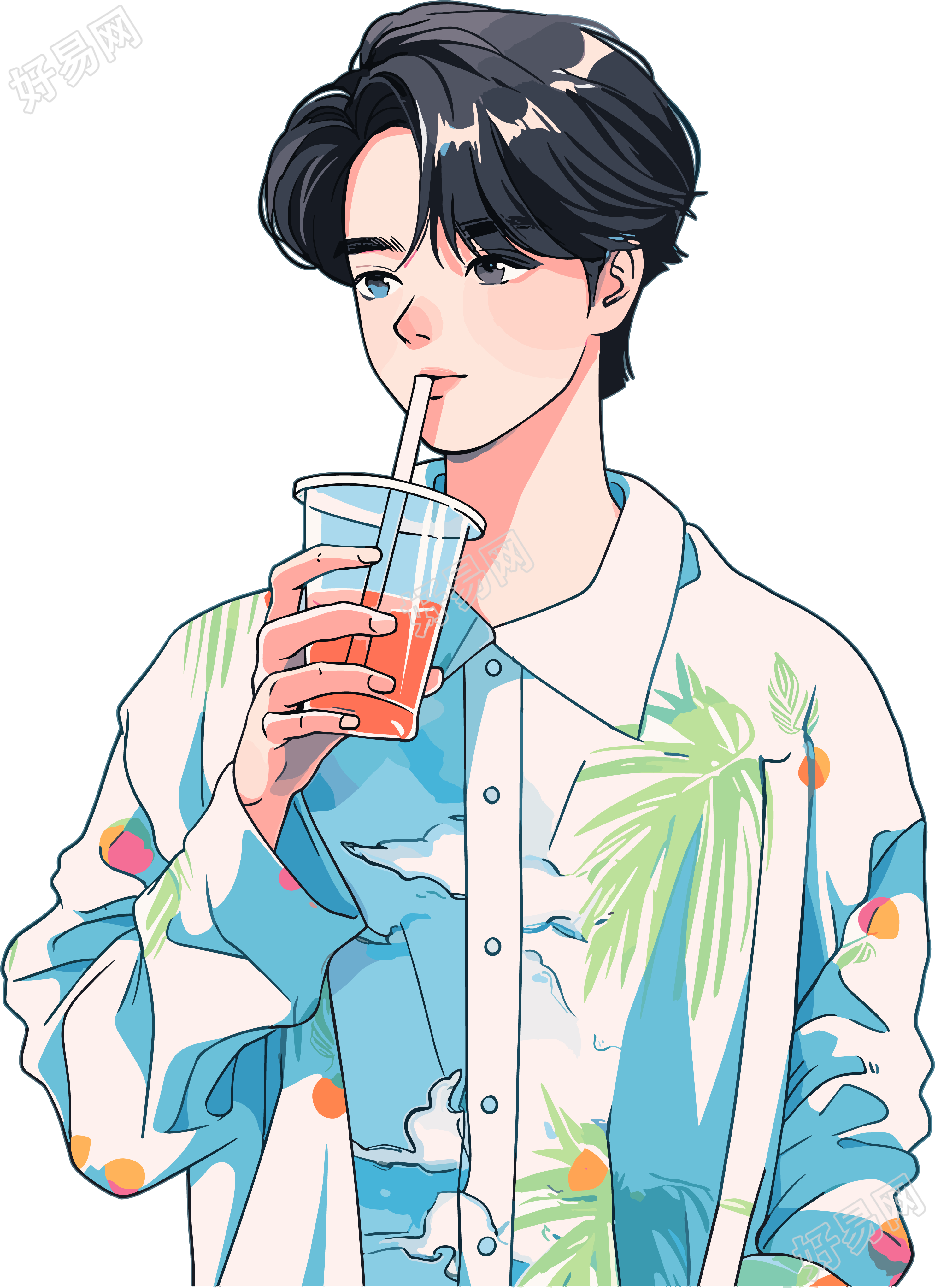 拿水杯的男生插画设计素材
