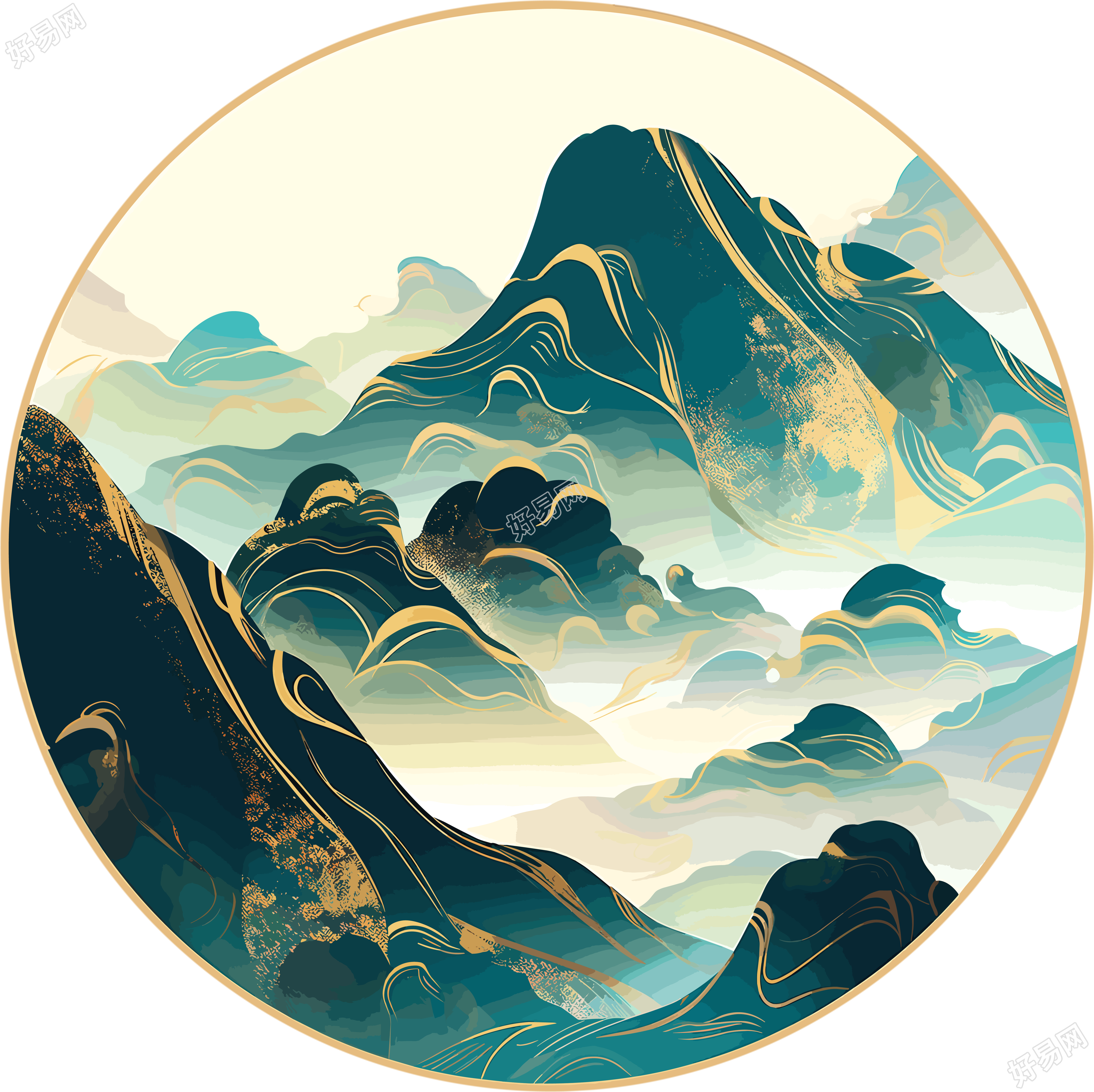 镀金国潮风山脉插画