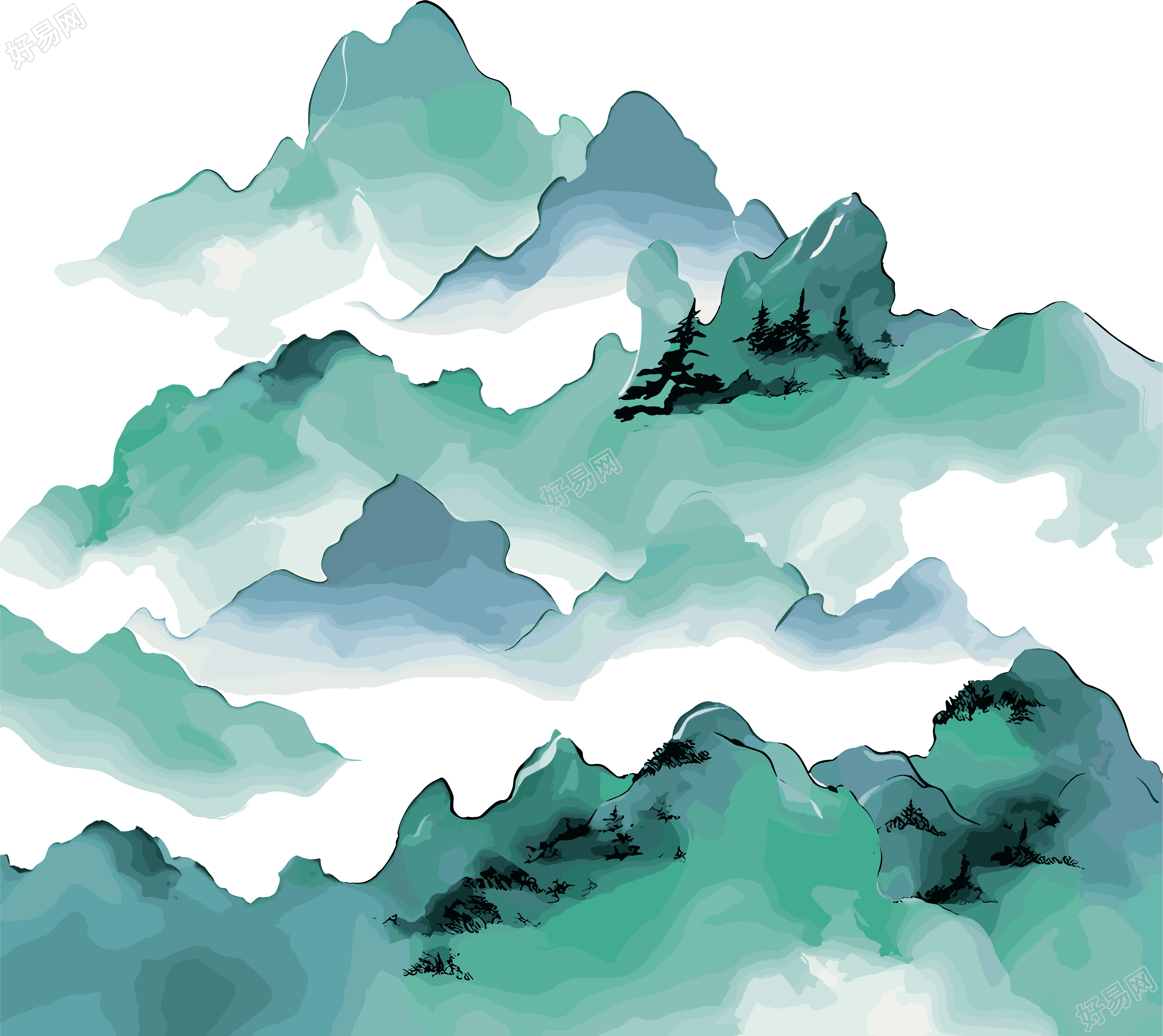 国潮风山脉透明背景图形素材