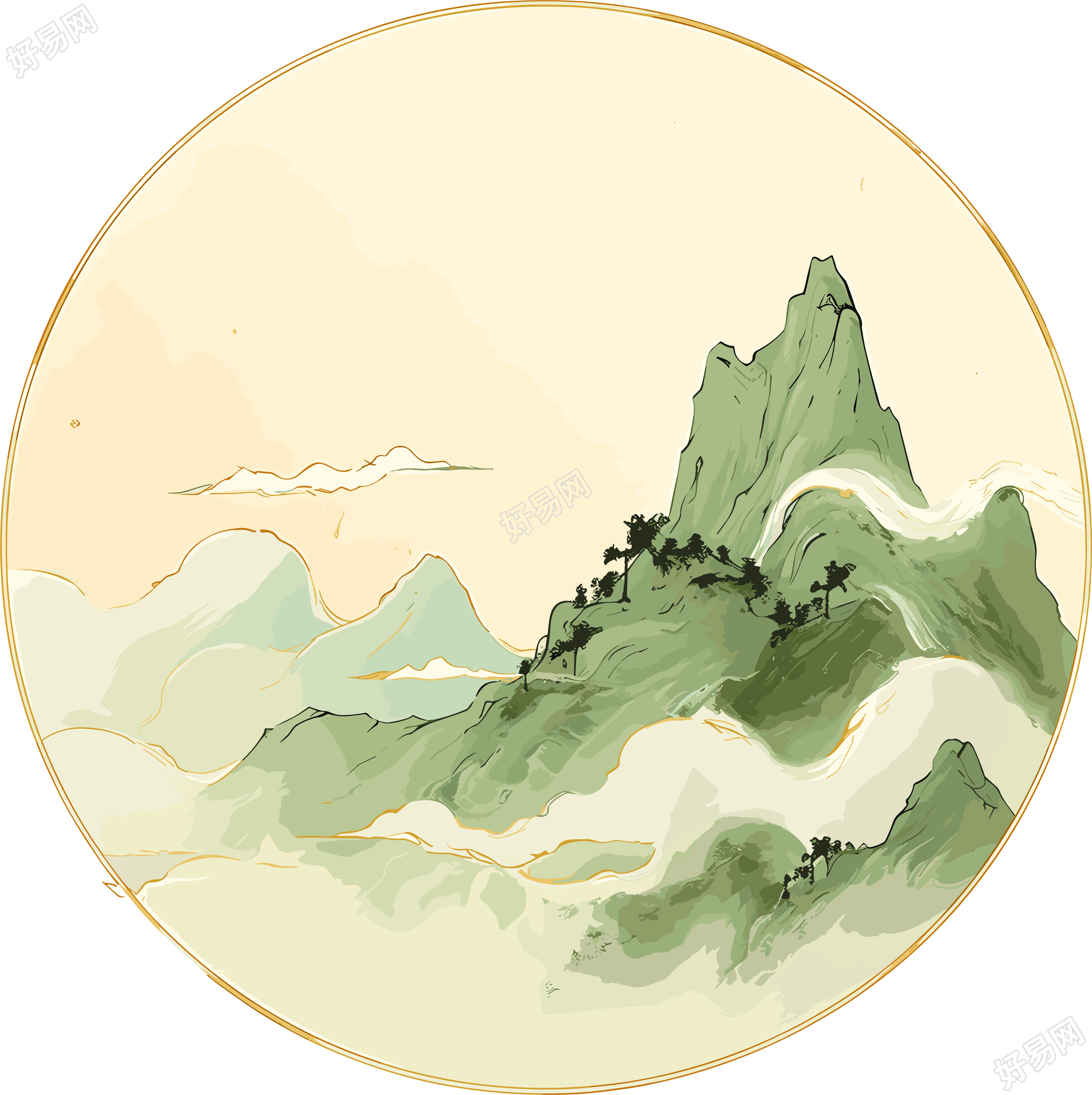 国潮风山脉新中式插画