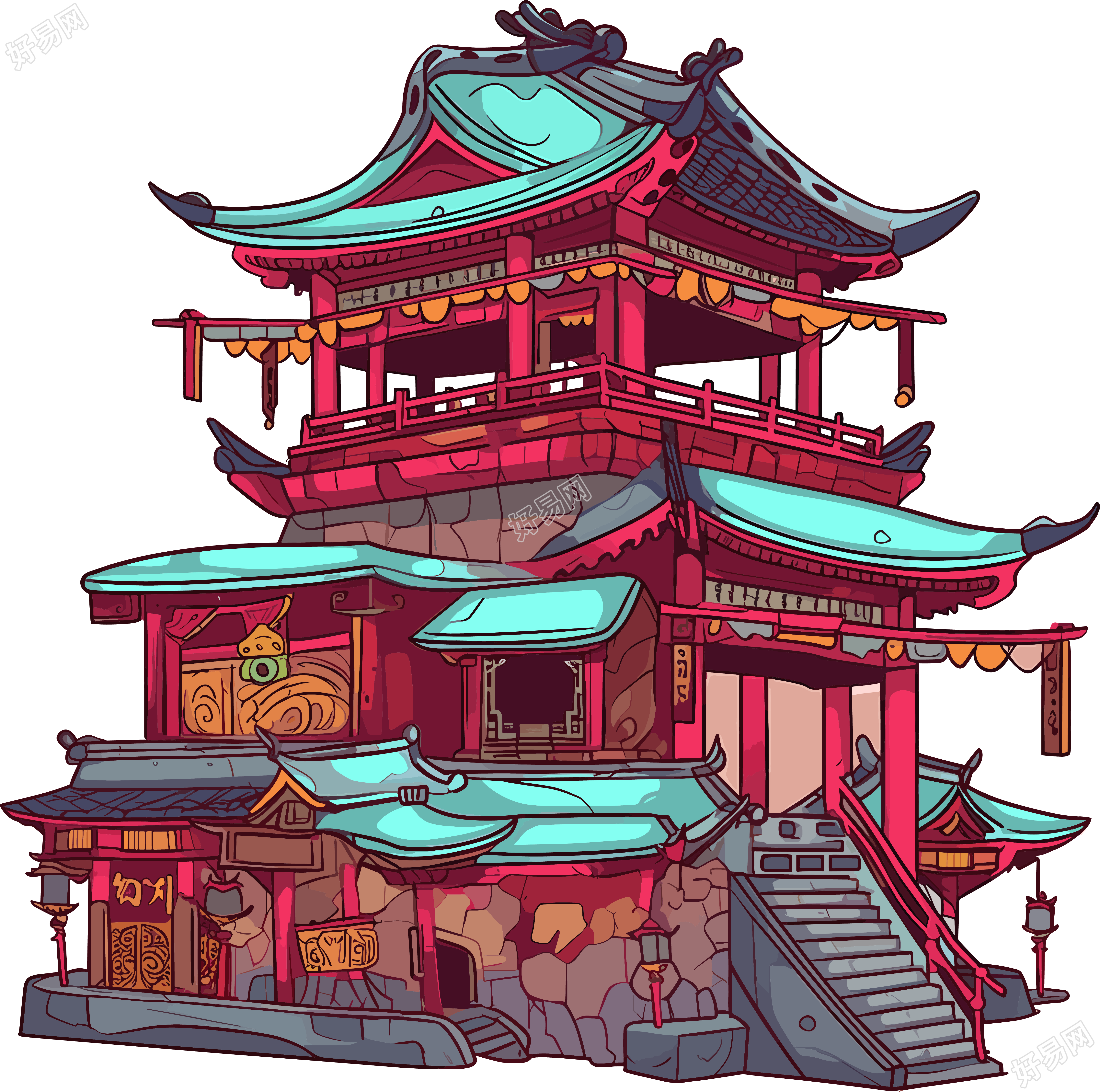 国风阁楼矢量插图