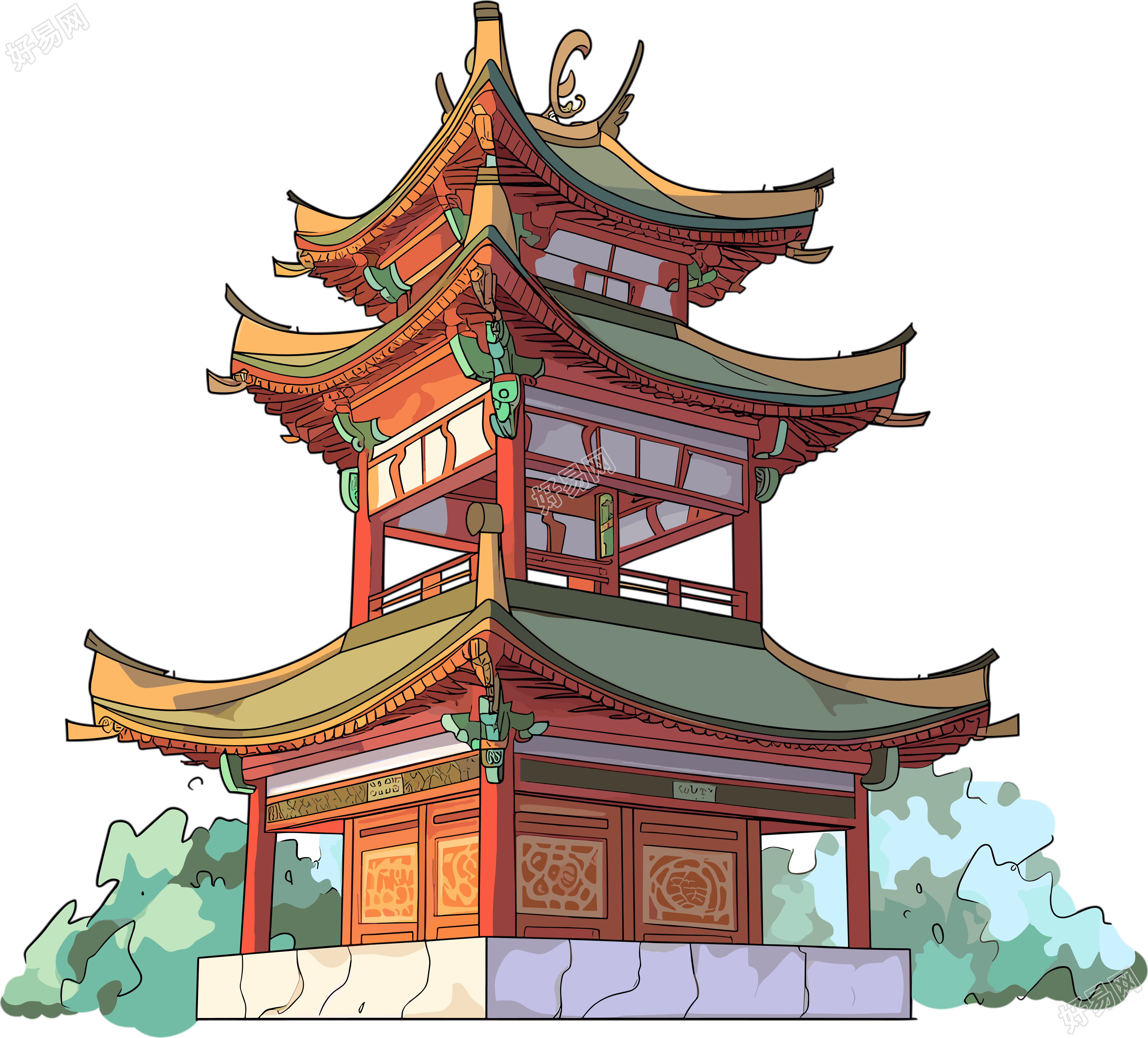 国风阁楼矢量插画