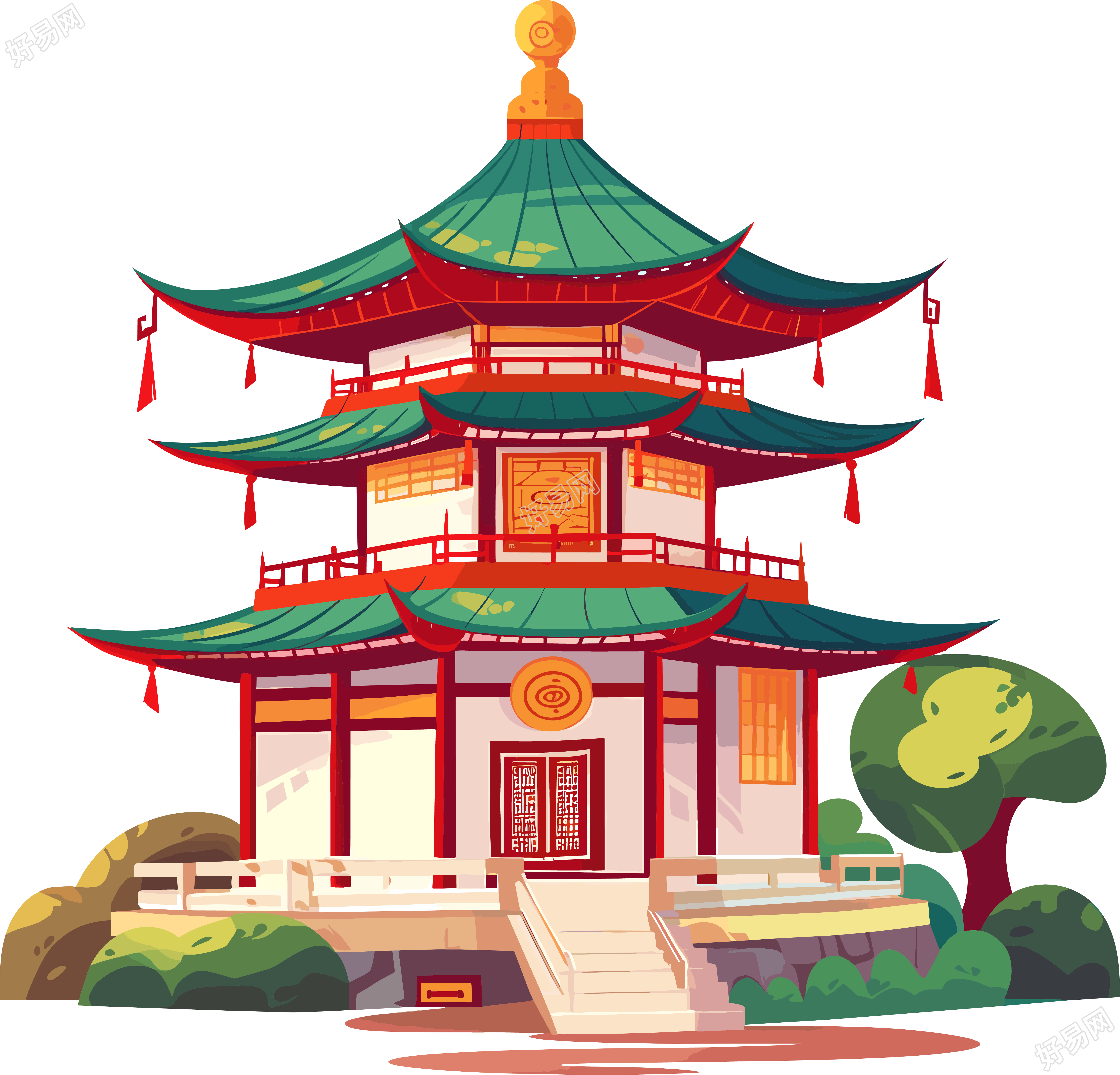 国风阁楼插画设计元素
