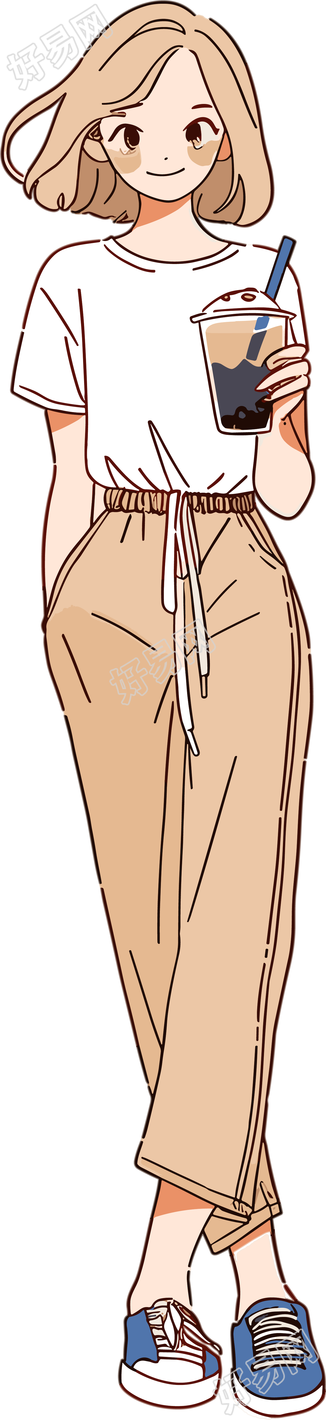 喝奶茶的女生插画
